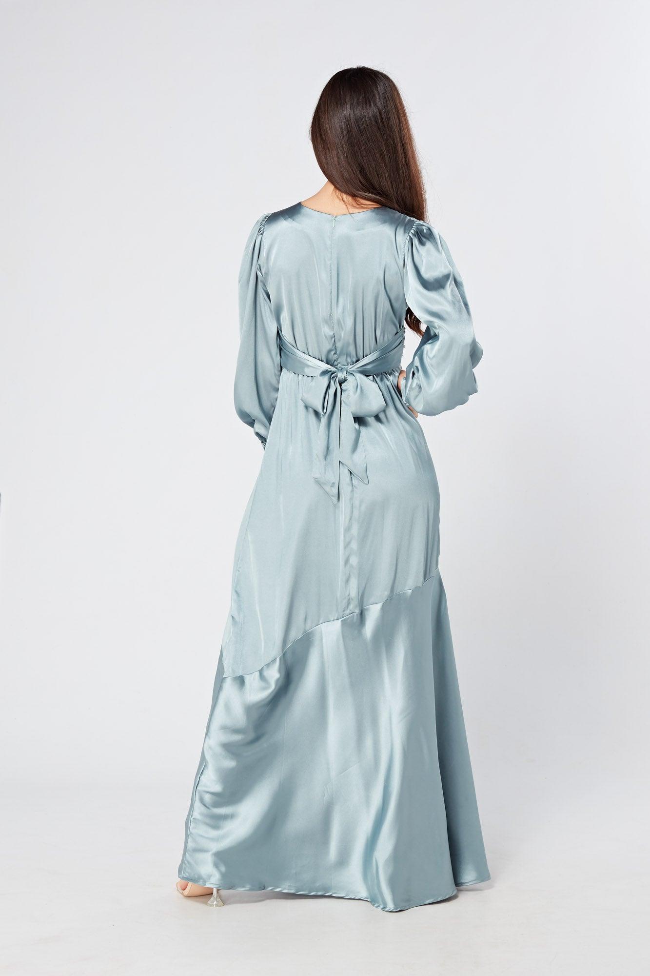 Naomi Dusty Blue Satin Maxi Dress With Long Sleeves - TAHLIRA