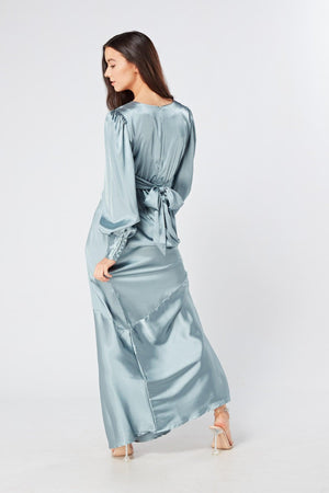 Naomi Dusty Blue Satin Maxi Dress With Long Sleeves - TAHLIRA