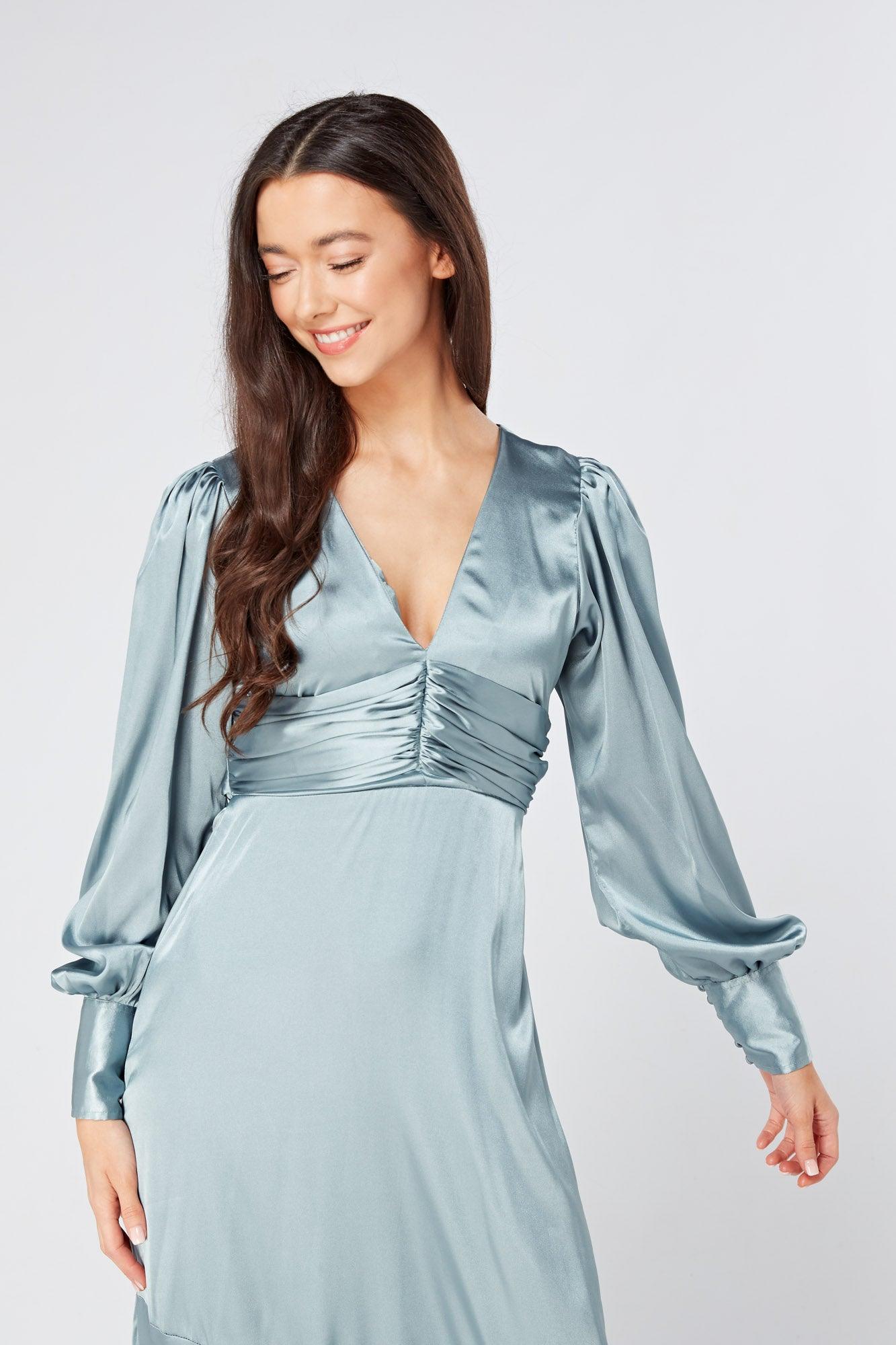 Naomi Dusty Blue Satin Maxi Dress With Long Sleeves - TAHLIRA