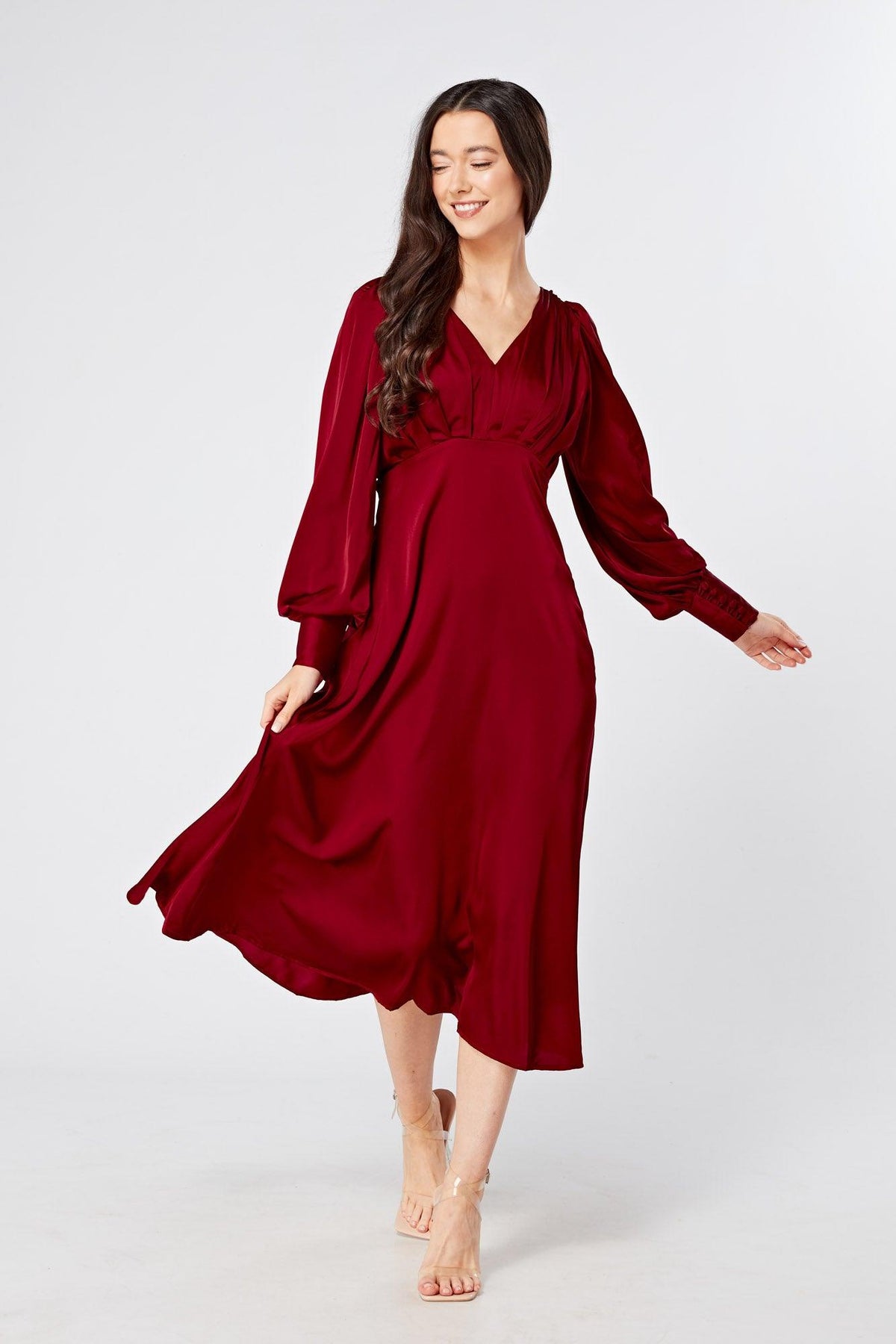 Nora Deep Red Satin Midi Dress With Long Sleeves - TAHLIRA