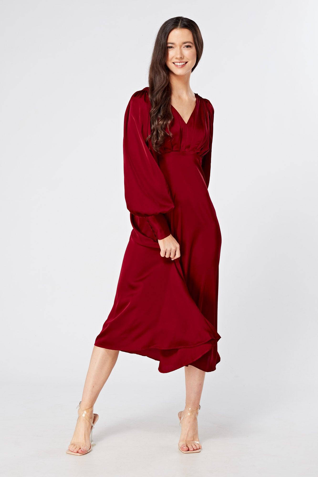 red satin midi dress with sleeves Red Silk Midi Dress, Long Sleeve Modest Dress