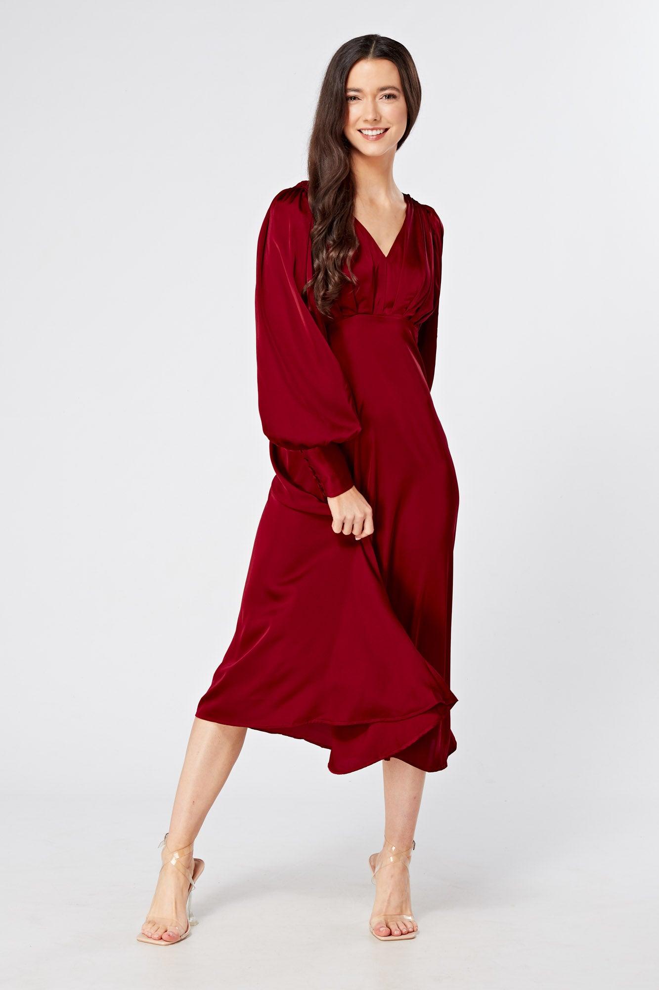 Nora Deep Red Satin Midi Dress With Long Sleeves - TAHLIRA