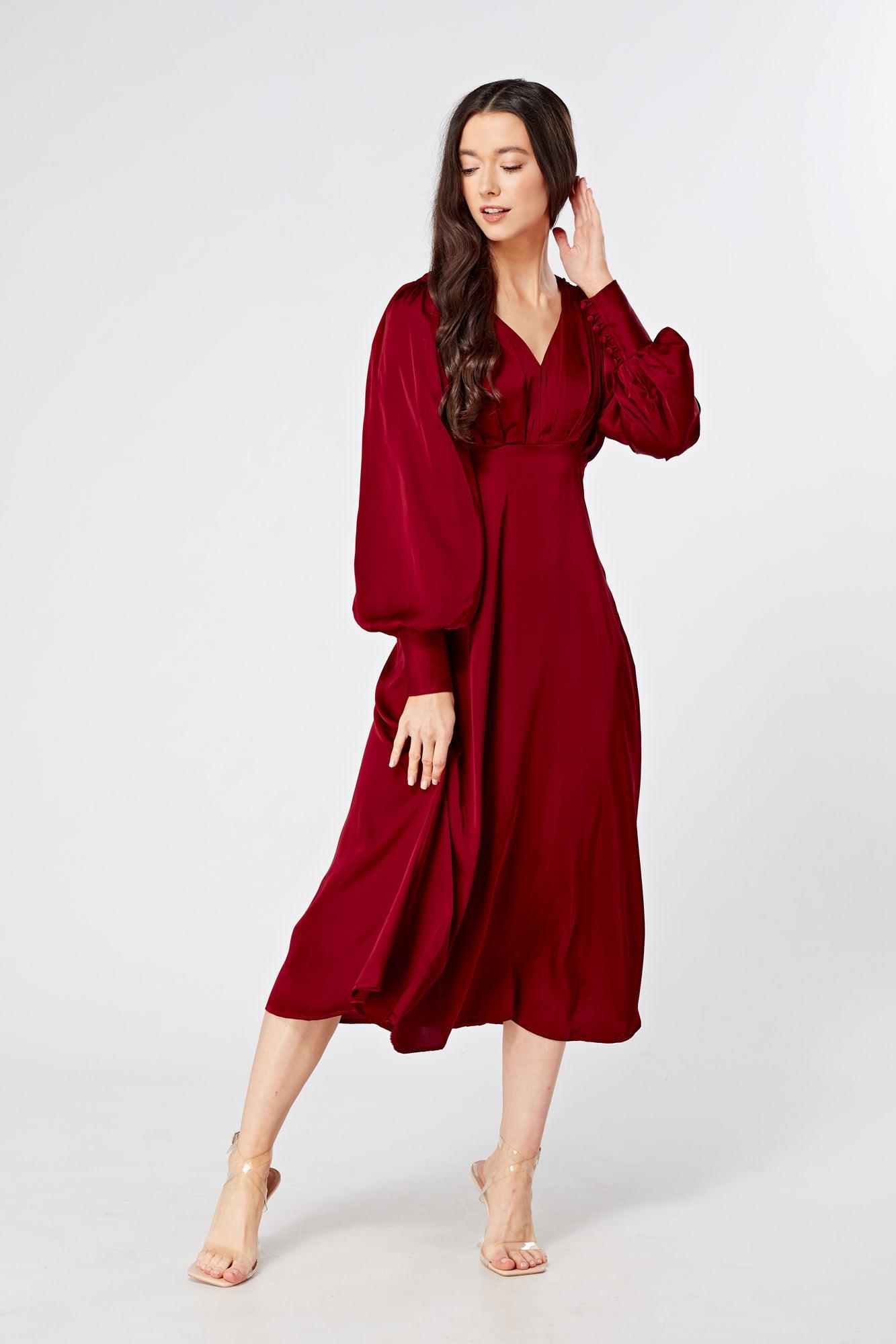 Nora Deep Red Satin Midi Dress With Long Sleeves - TAHLIRA