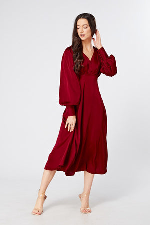 Nora Deep Red Satin Midi Dress With Long Sleeves - TAHLIRA