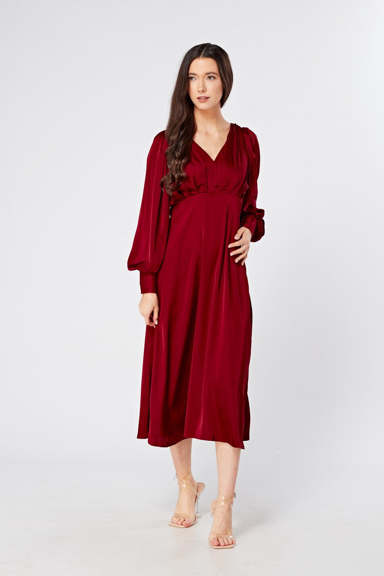 Nora Deep Red Satin Midi Dress With Long Sleeves - TAHLIRA