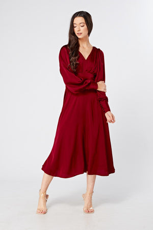 Nora Deep Red Satin Midi Dress With Long Sleeves - TAHLIRA