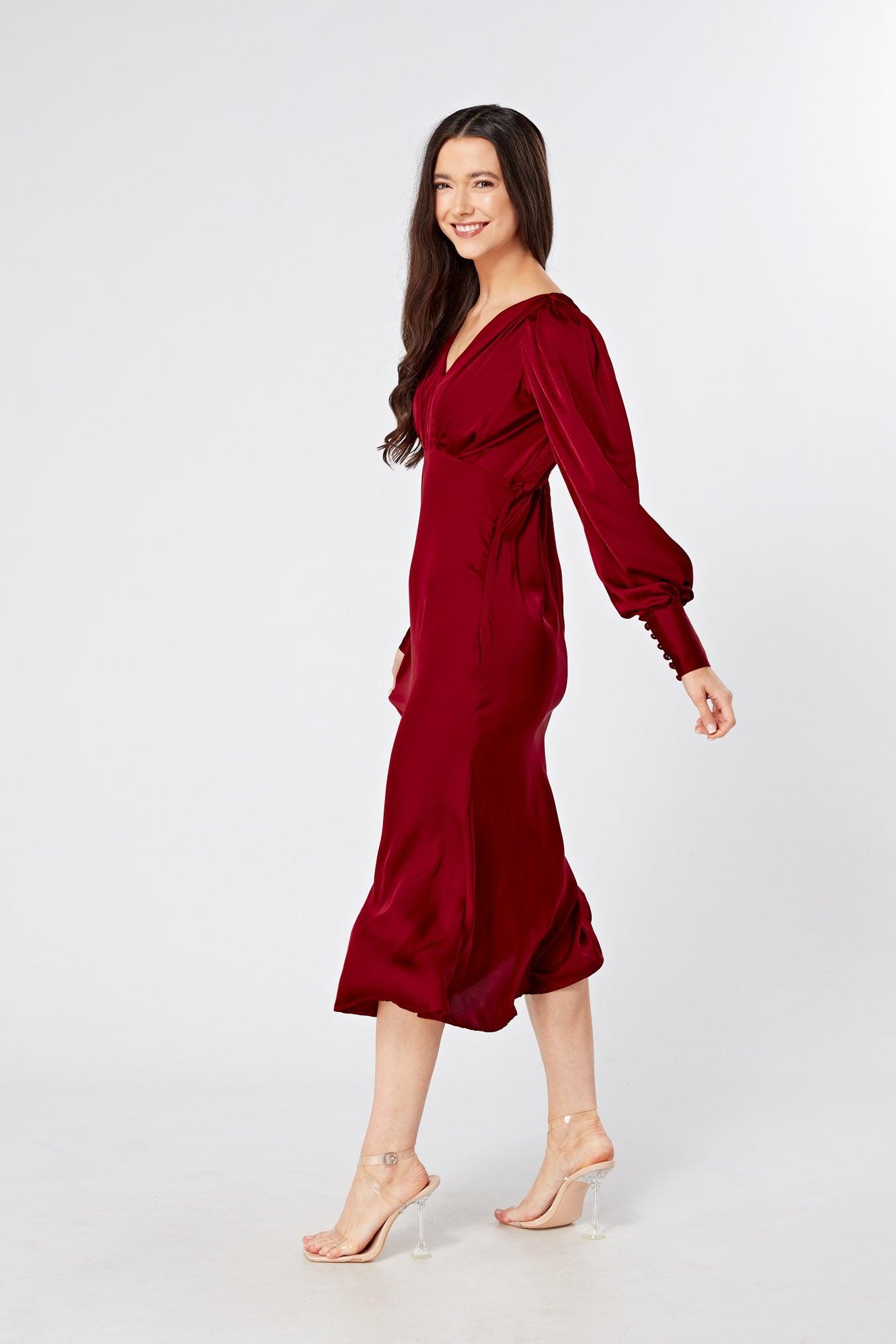 Nora Deep Red Satin Midi Dress With Long Sleeves - TAHLIRA