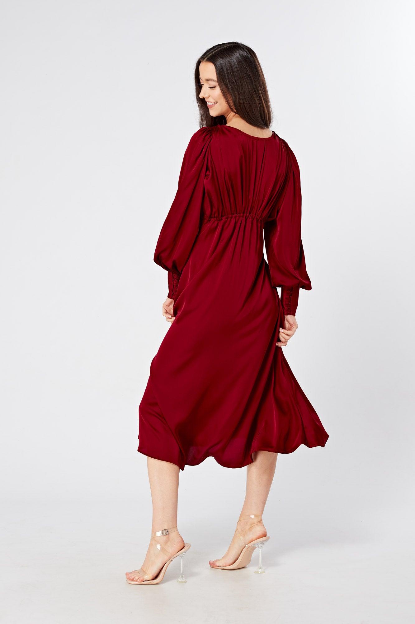 Nora Deep Red Satin Midi Dress With Long Sleeves - TAHLIRA