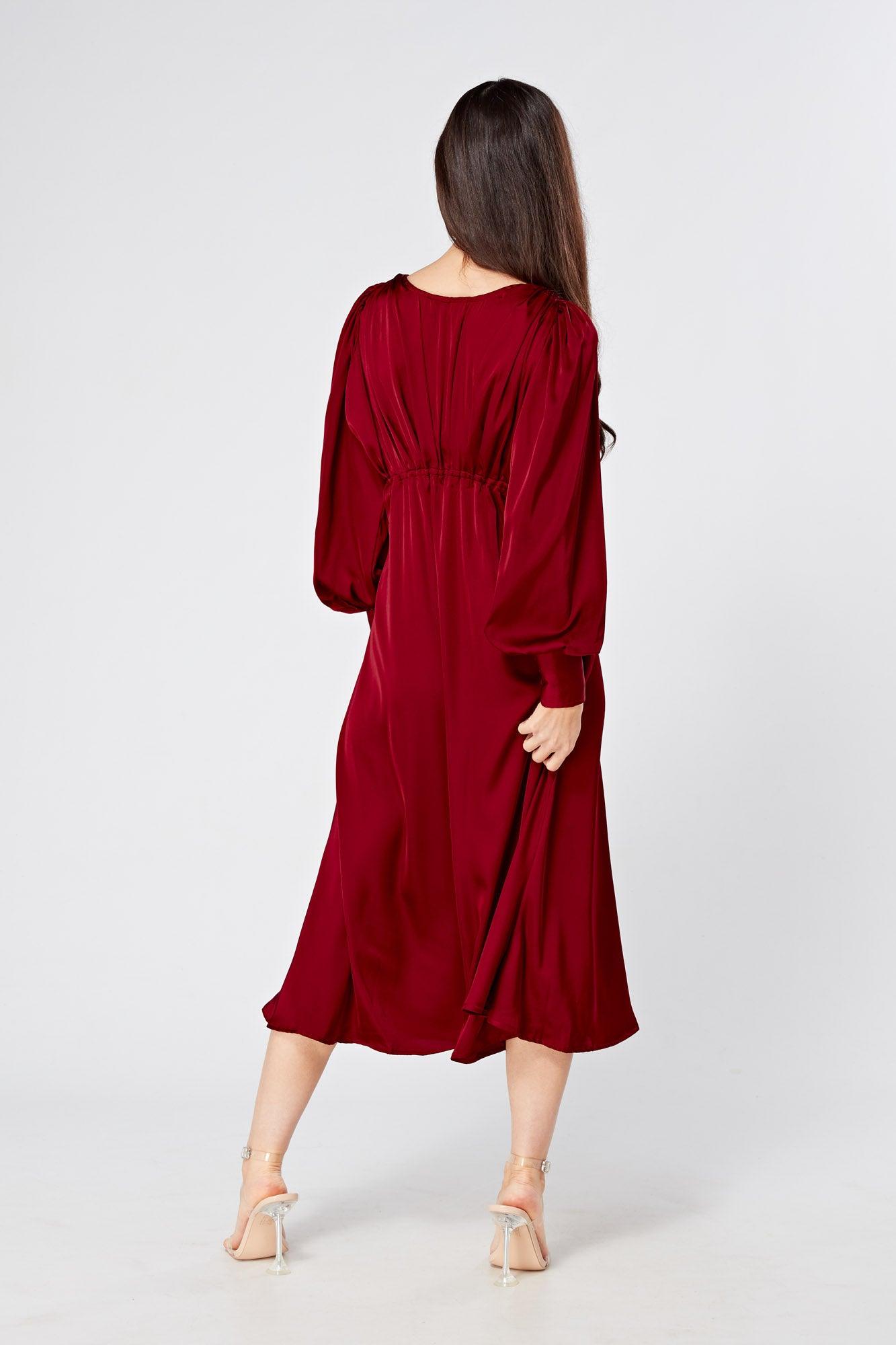 Nora Deep Red Satin Midi Dress With Long Sleeves - TAHLIRA