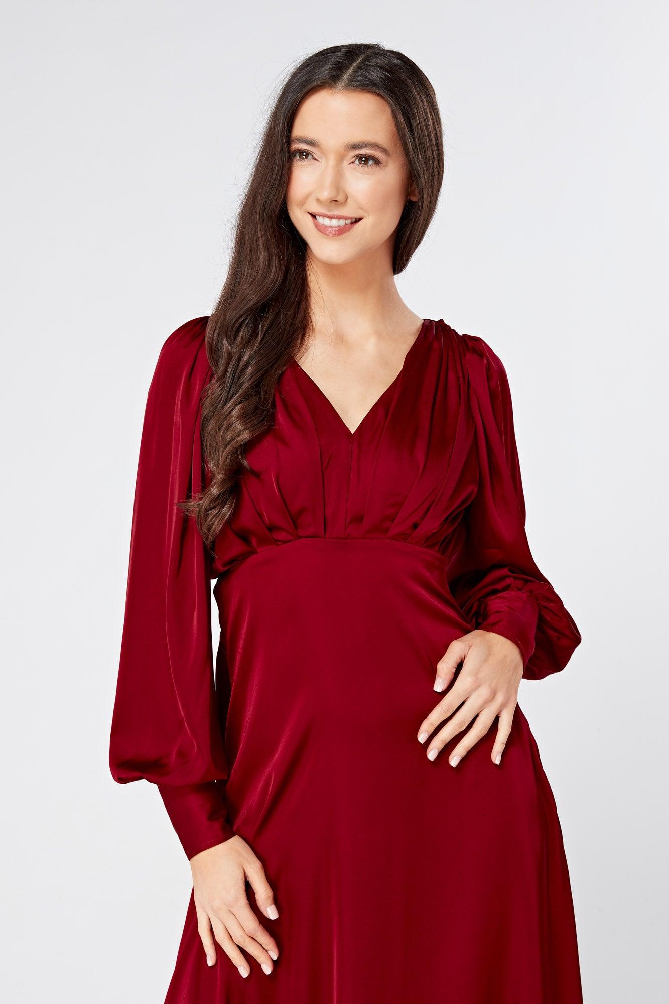 Nora Deep Red Satin Midi Dress With Long Sleeves - TAHLIRA