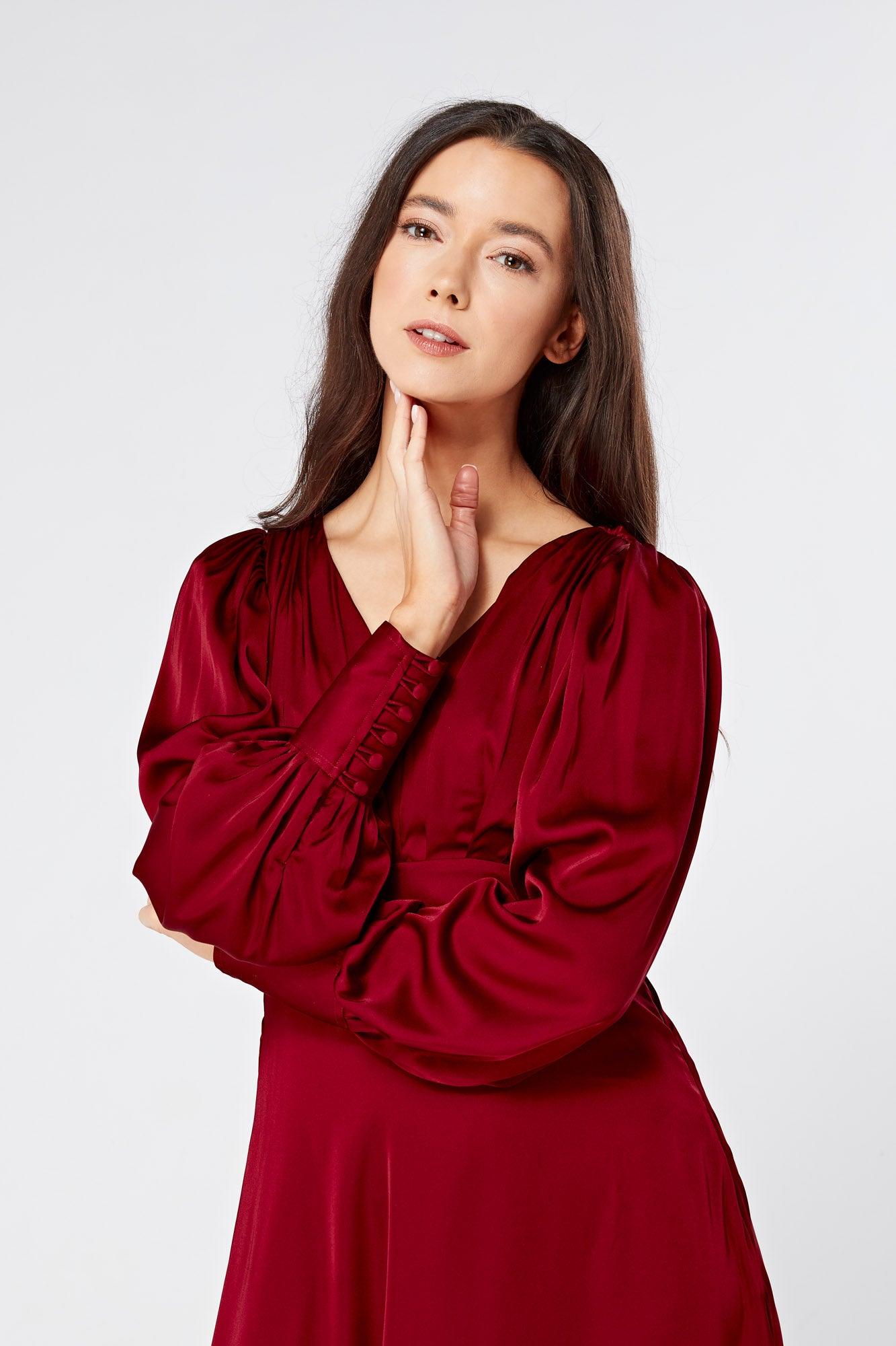 Nora Deep Red Satin Midi Dress With Long Sleeves - TAHLIRA