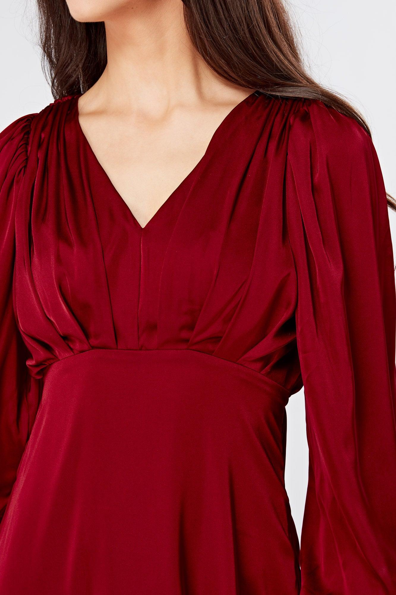 Nora Deep Red Satin Midi Dress With Long Sleeves - TAHLIRA