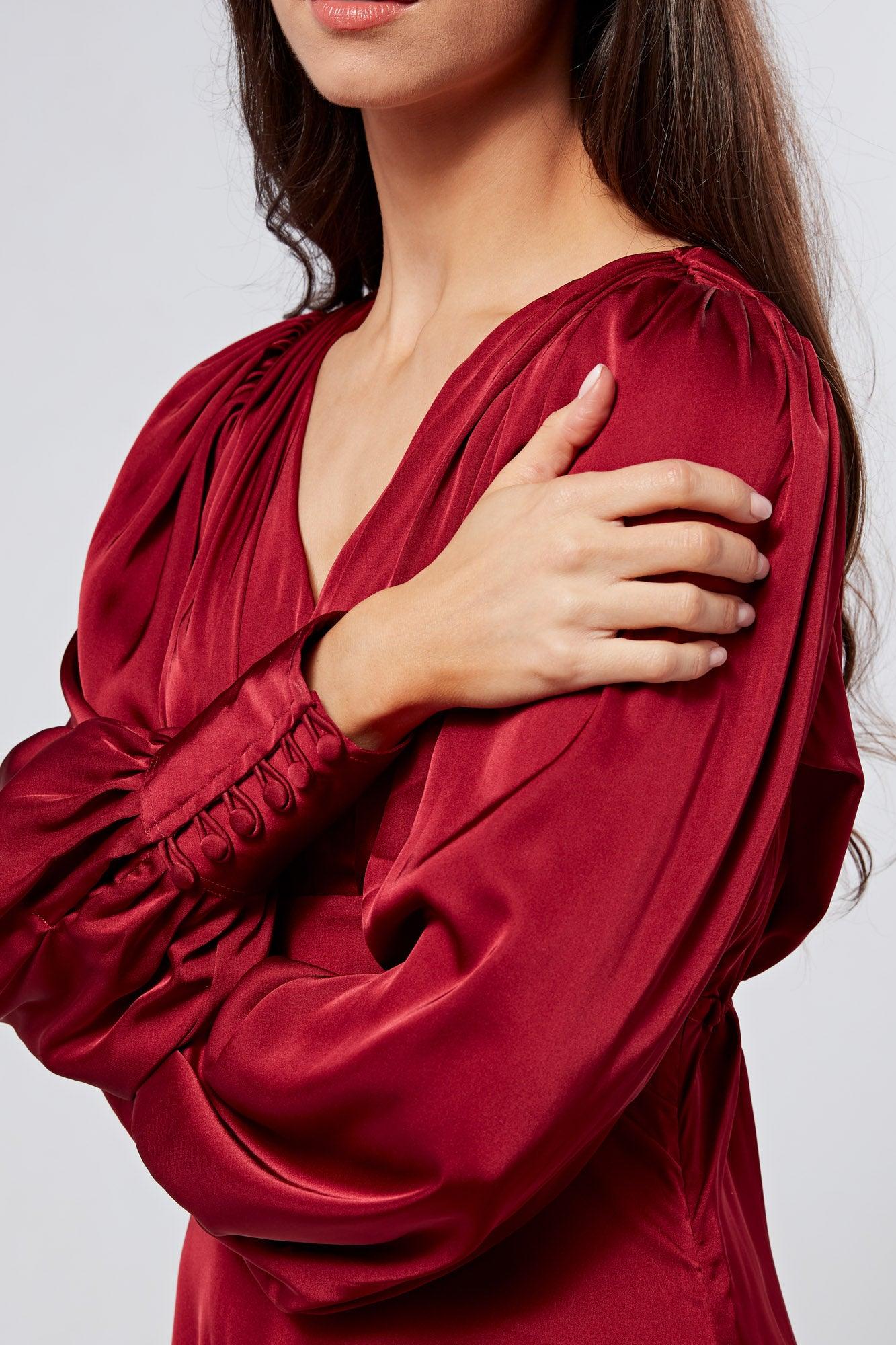 Nora Deep Red Satin Midi Dress With Long Sleeves - TAHLIRA