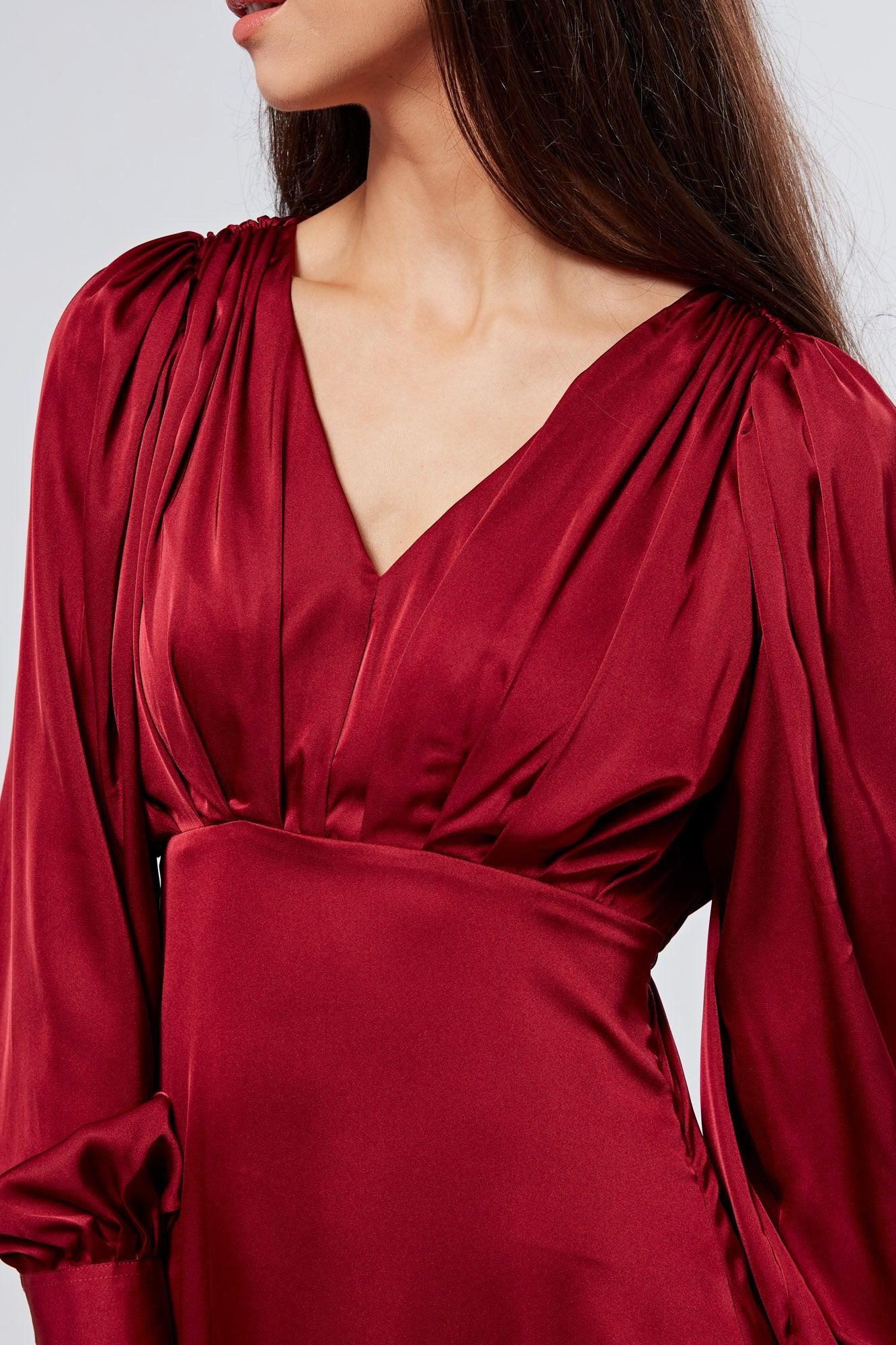 Nora Deep Red Satin Midi Dress With Long Sleeves - TAHLIRA