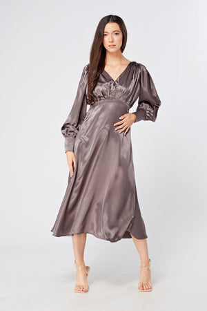 Zara Deep Grey Premium Satin Effect Midi Dress With Long Sleeves - TAHLIRA