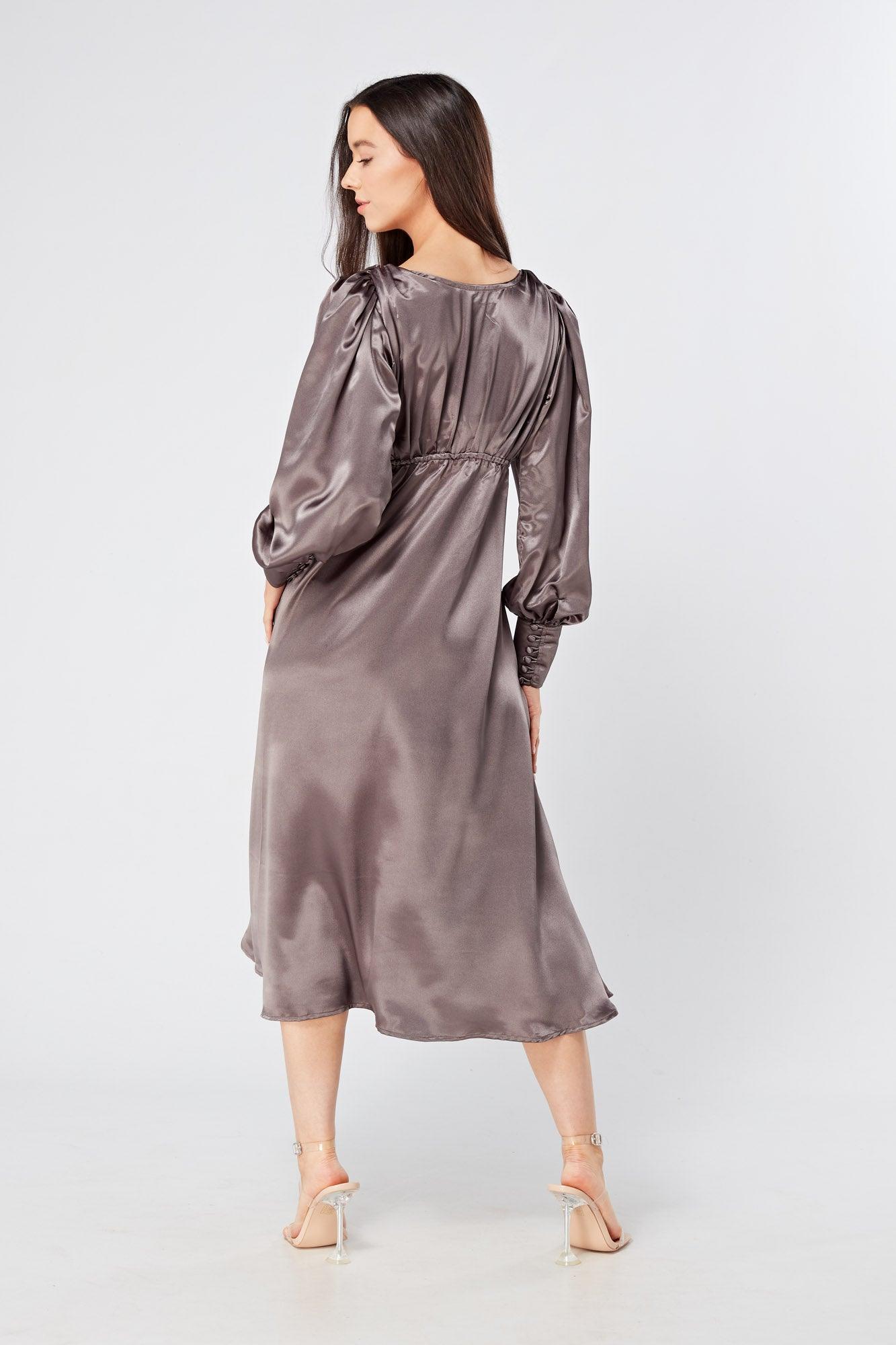 Zara Deep Grey Premium Satin Effect Midi Dress With Long Sleeves - TAHLIRA