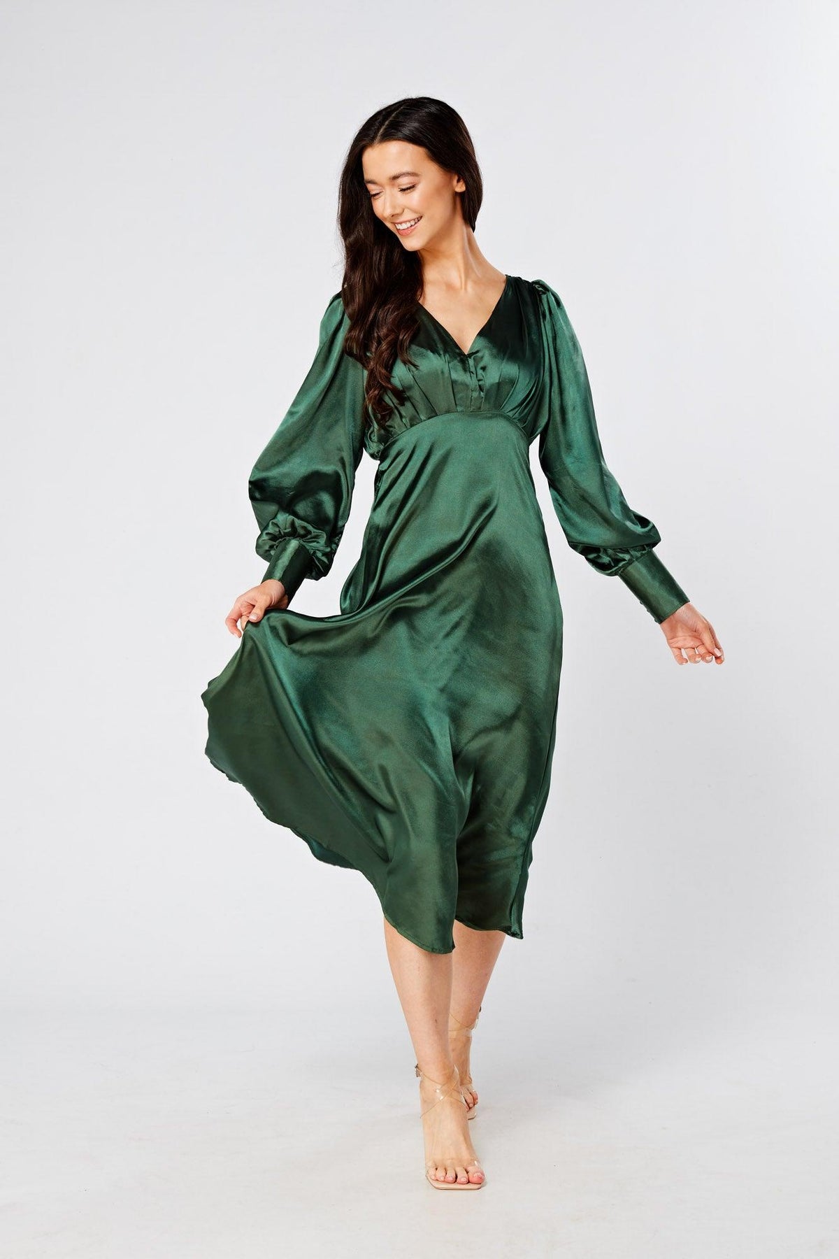 Kiara Jade Green Premium Satin Midi Dress With Long Sleeves - TAHLIRA