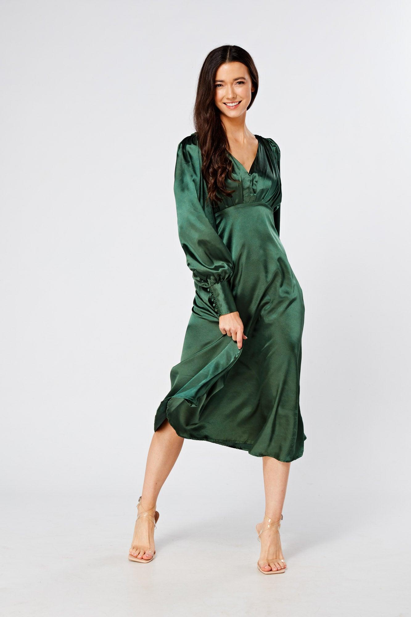 Kiara Jade Green Premium Satin Midi Dress With Long Sleeves - TAHLIRA