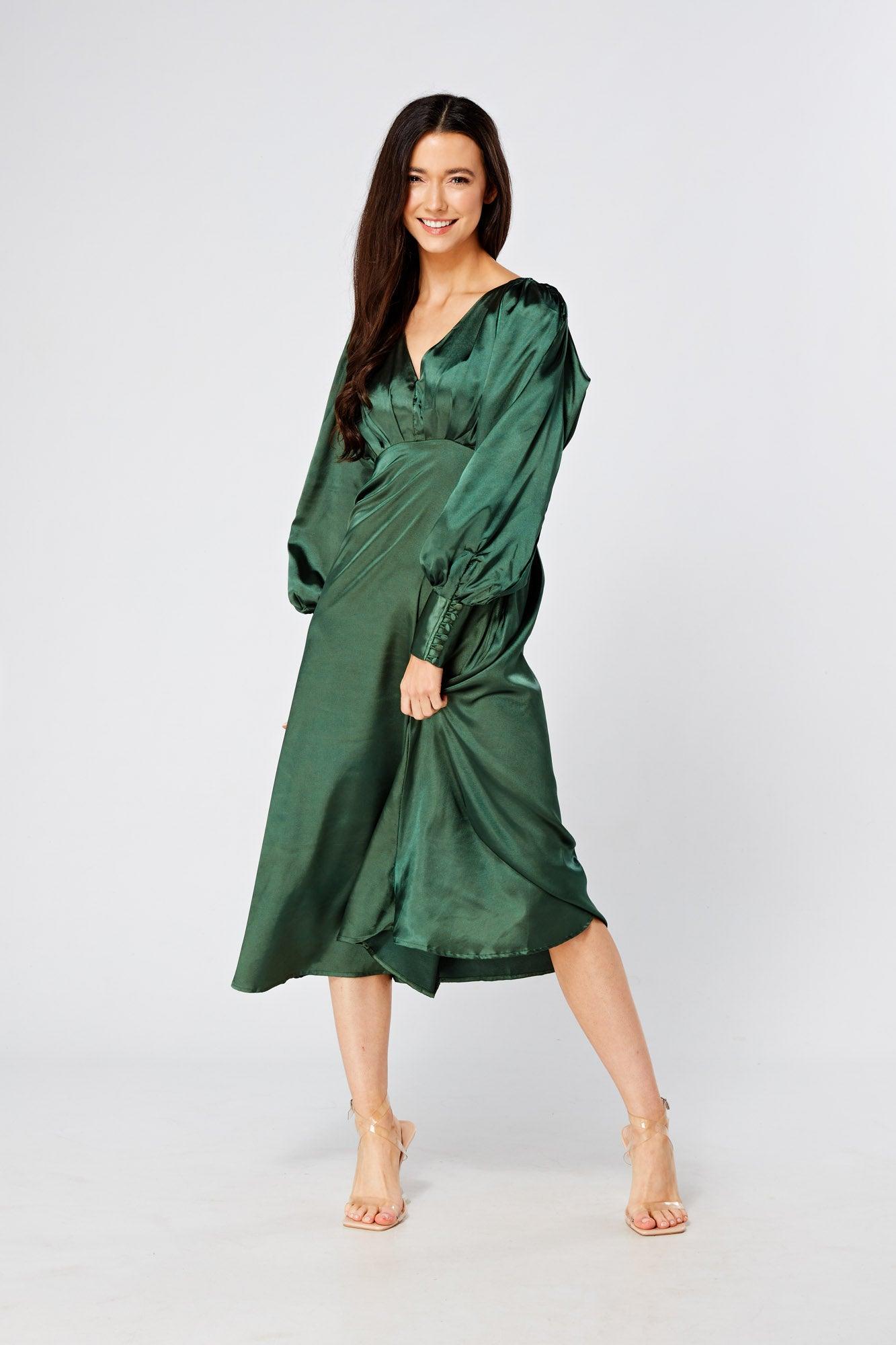 Kiara Jade Green Premium Satin Midi Dress With Long Sleeves - TAHLIRA