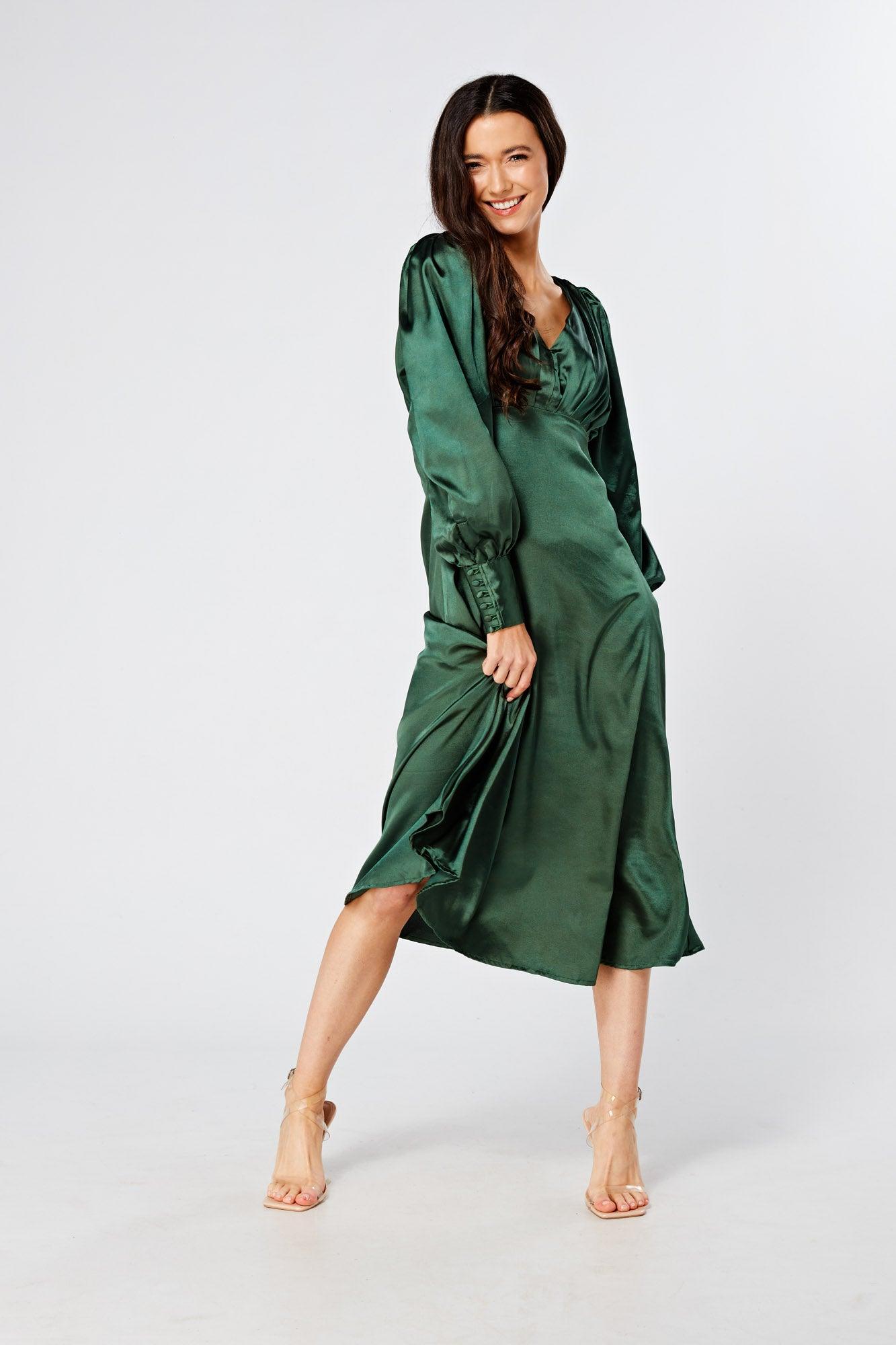 Kiara Jade Green Premium Satin Midi Dress With Long Sleeves - TAHLIRA