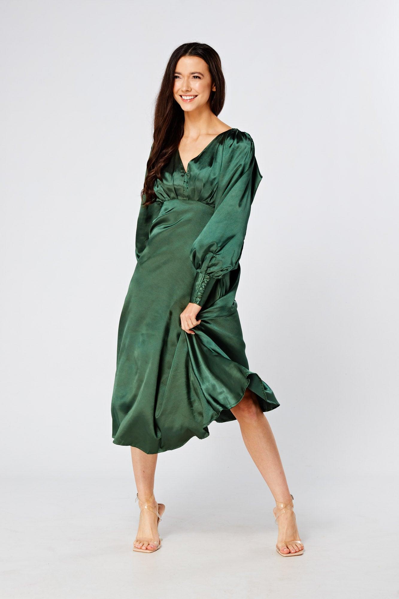 Kiara Jade Green Premium Satin Midi Dress With Long Sleeves - TAHLIRA