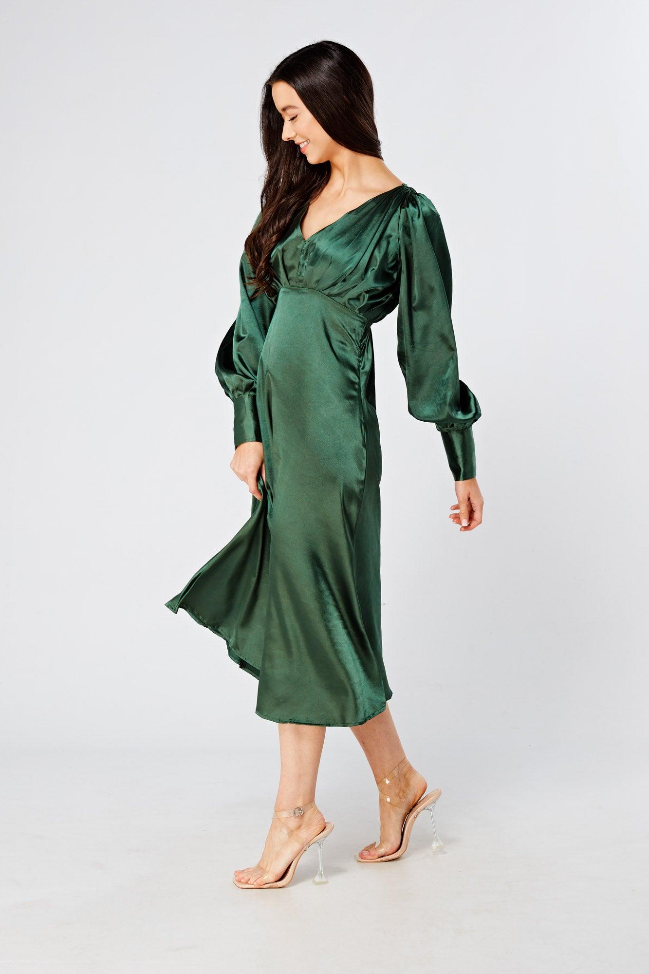 Kiara Jade Green Premium Satin Midi Dress With Long Sleeves - TAHLIRA