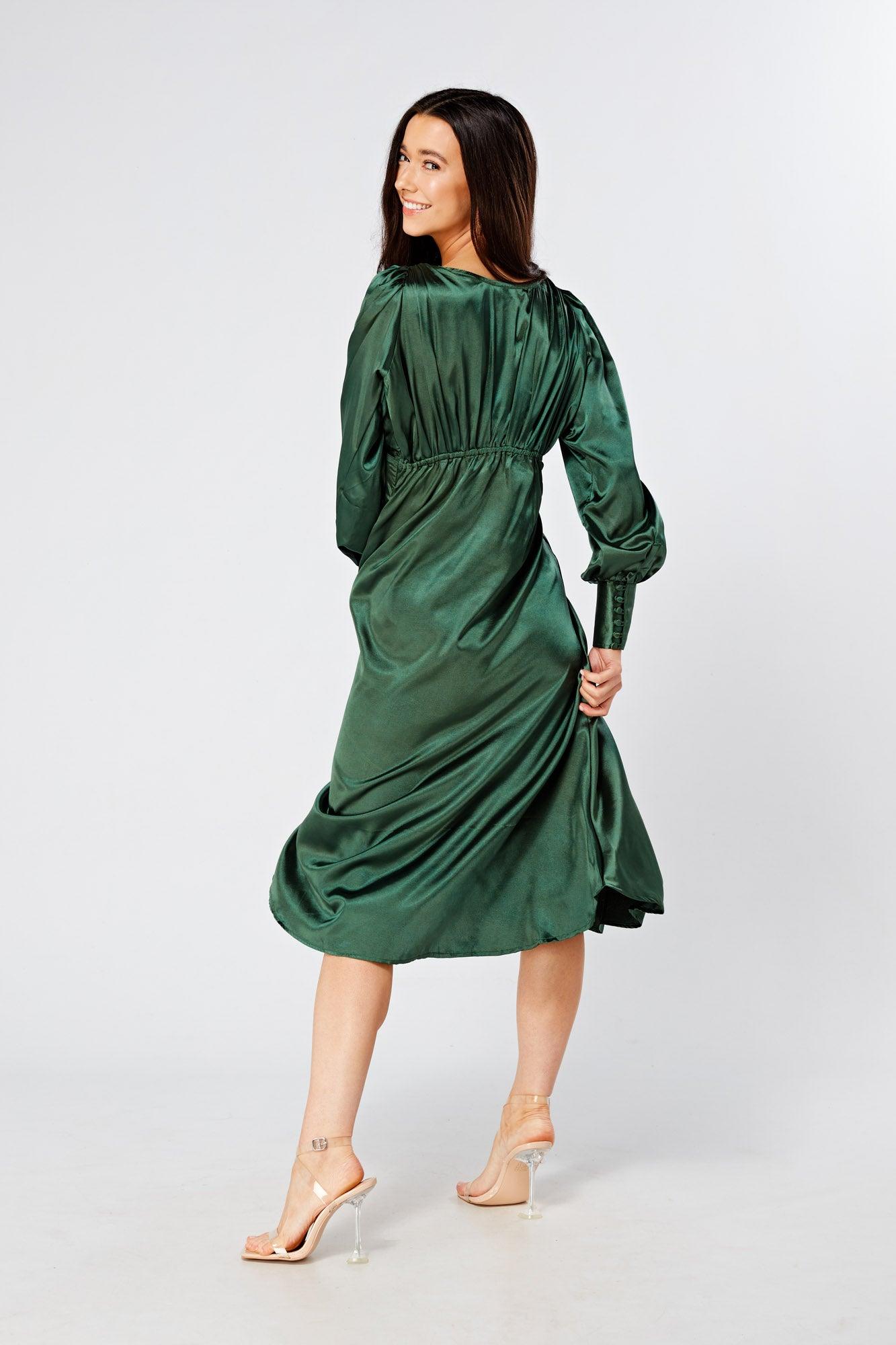 Kiara Jade Green Premium Satin Midi Dress With Long Sleeves TAHLIRA