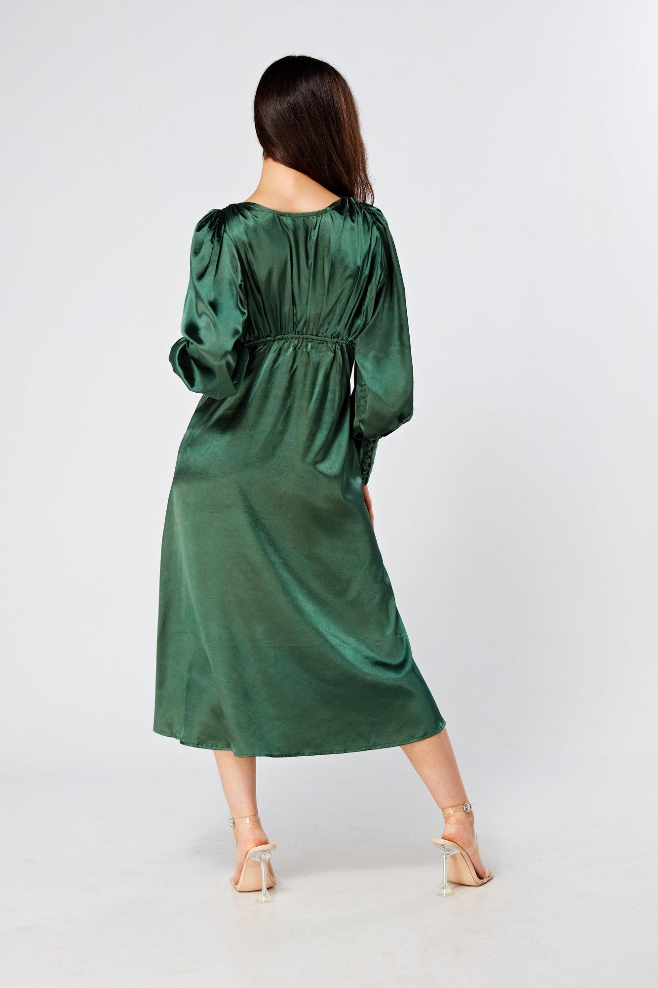 Kiara Jade Green Premium Satin Midi Dress With Long Sleeves - TAHLIRA