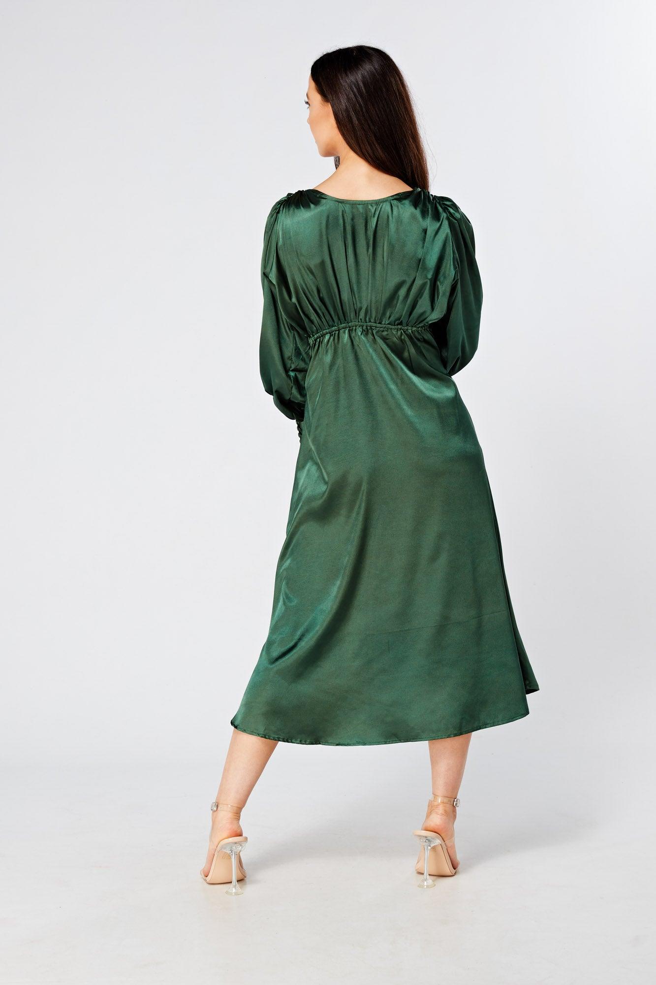 Kiara Jade Green Premium Satin Midi Dress With Long Sleeves - TAHLIRA