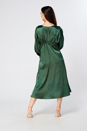 Kiara Jade Green Premium Satin Midi Dress With Long Sleeves - TAHLIRA
