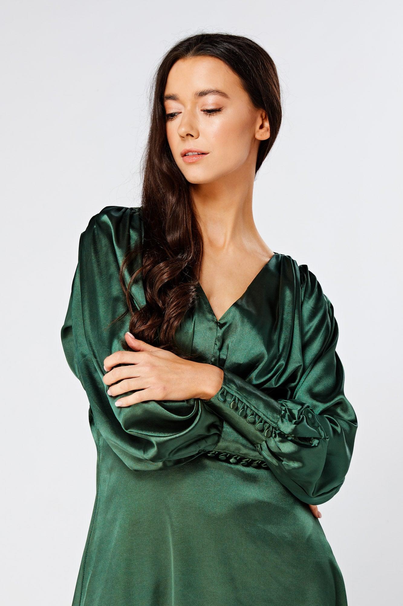 Kiara Jade Green Premium Satin Midi Dress With Long Sleeves - TAHLIRA