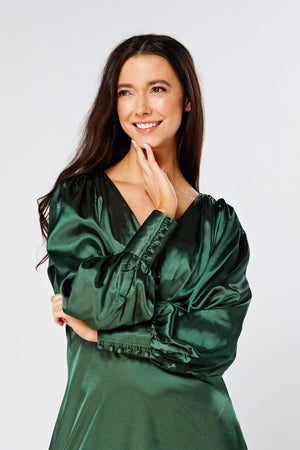 Kiara Jade Green Premium Satin Midi Dress With Long Sleeves - TAHLIRA