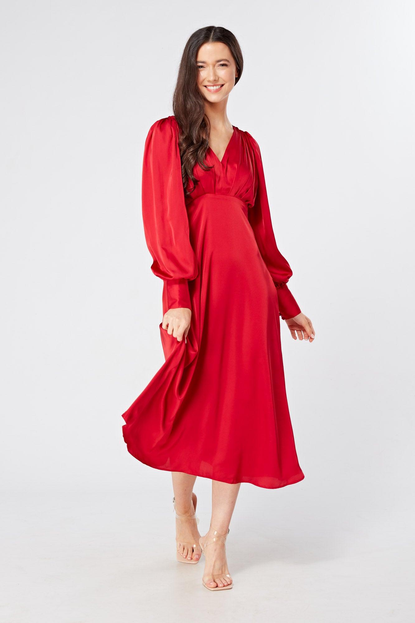 Valentia Scarlet Red Luxury Matt Satin Midi Dress With Long Sleeves - TAHLIRA