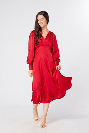 Valentia Scarlet Red Luxury Matt Satin Midi Dress With Long Sleeves - TAHLIRA