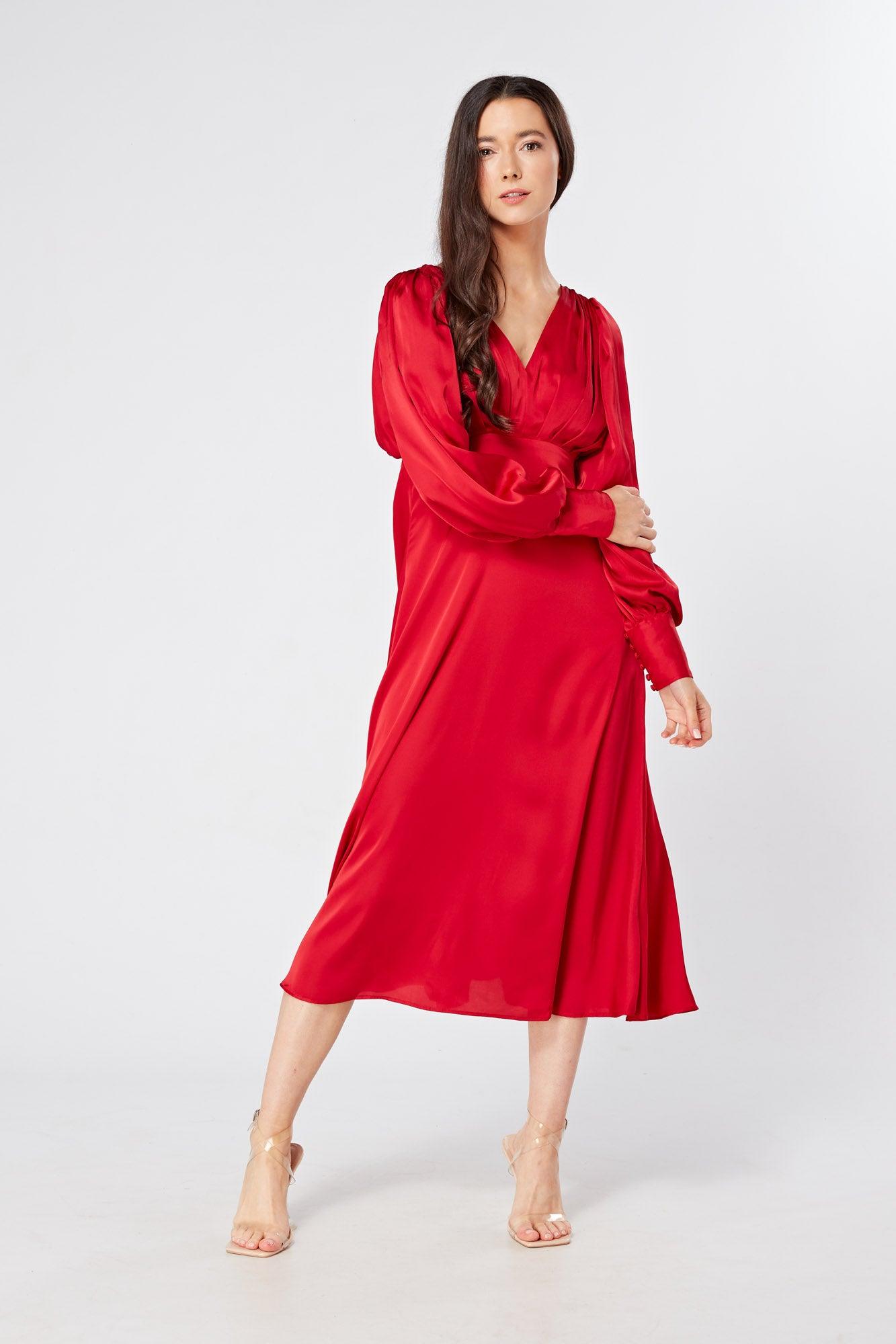 Valentia Scarlet Red Luxury Matt Satin Midi Dress With Long Sleeves - TAHLIRA