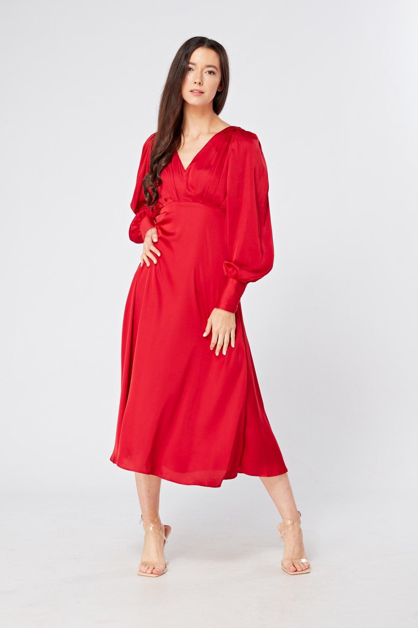 Valentia Scarlet Red Luxury Matt Satin Midi Dress With Long Sleeves - TAHLIRA