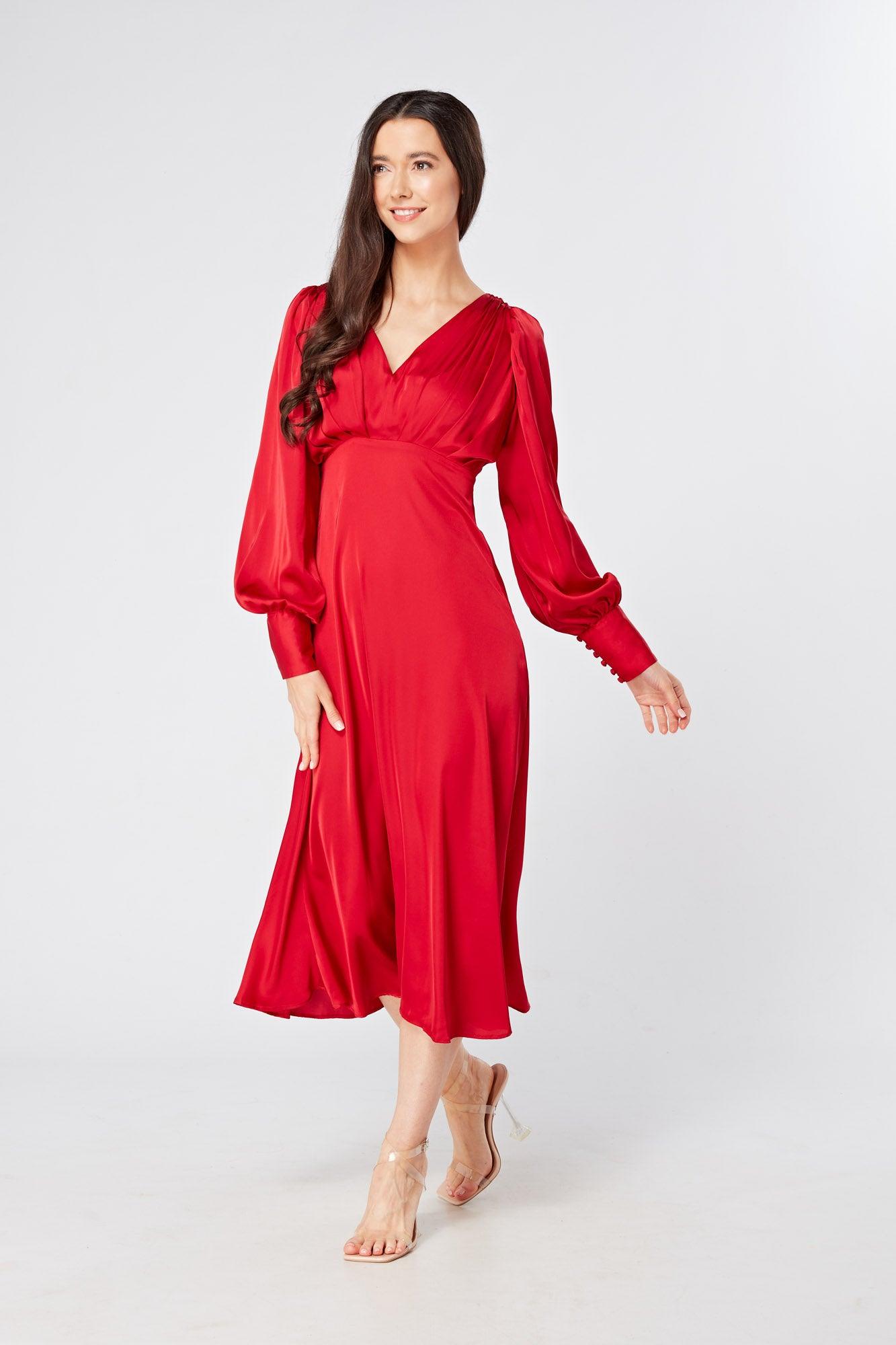 Valentia Scarlet Red Luxury Matt Satin Midi Dress With Long Sleeves - TAHLIRA