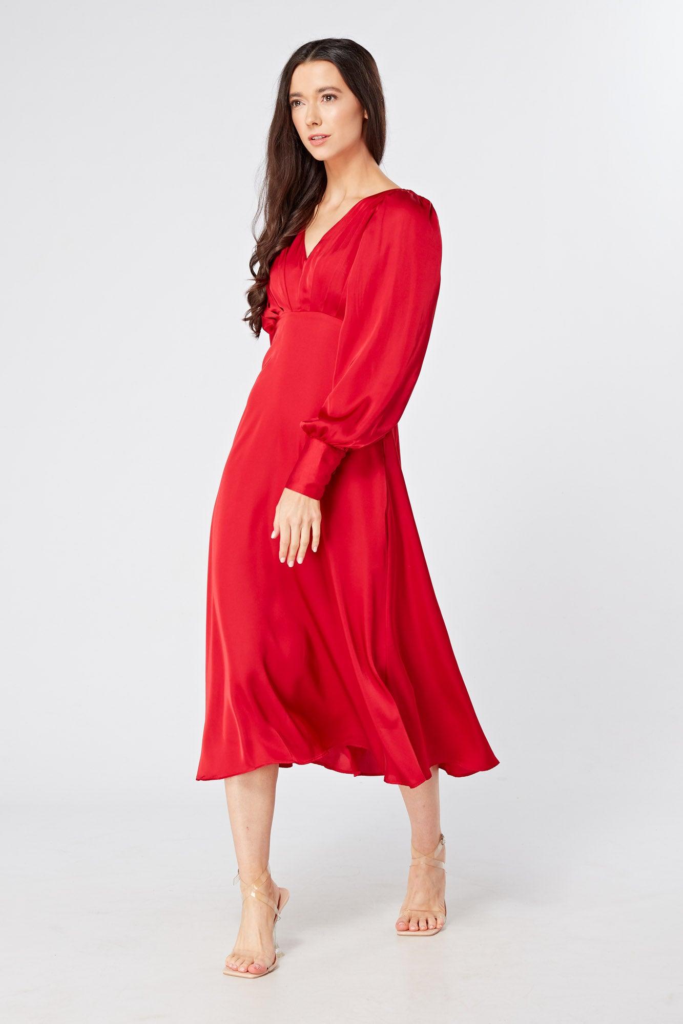 Valentia Scarlet Red Luxury Matt Satin Midi Dress With Long Sleeves - TAHLIRA