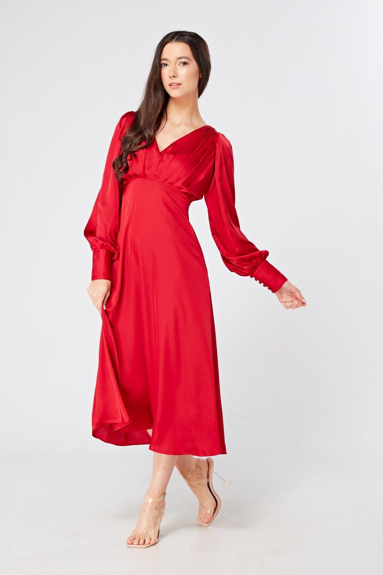 Valentia Scarlet Red Luxury Matt Satin Midi Dress With Long Sleeves - TAHLIRA