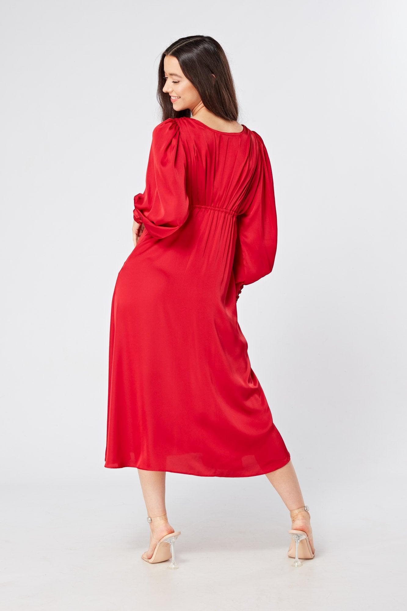 Valentia Scarlet Red Luxury Matt Satin Midi Dress With Long Sleeves - TAHLIRA