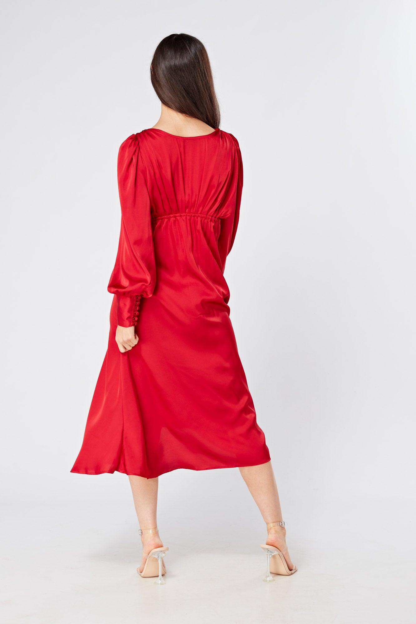 Valentia Scarlet Red Luxury Matt Satin Midi Dress With Long Sleeves - TAHLIRA