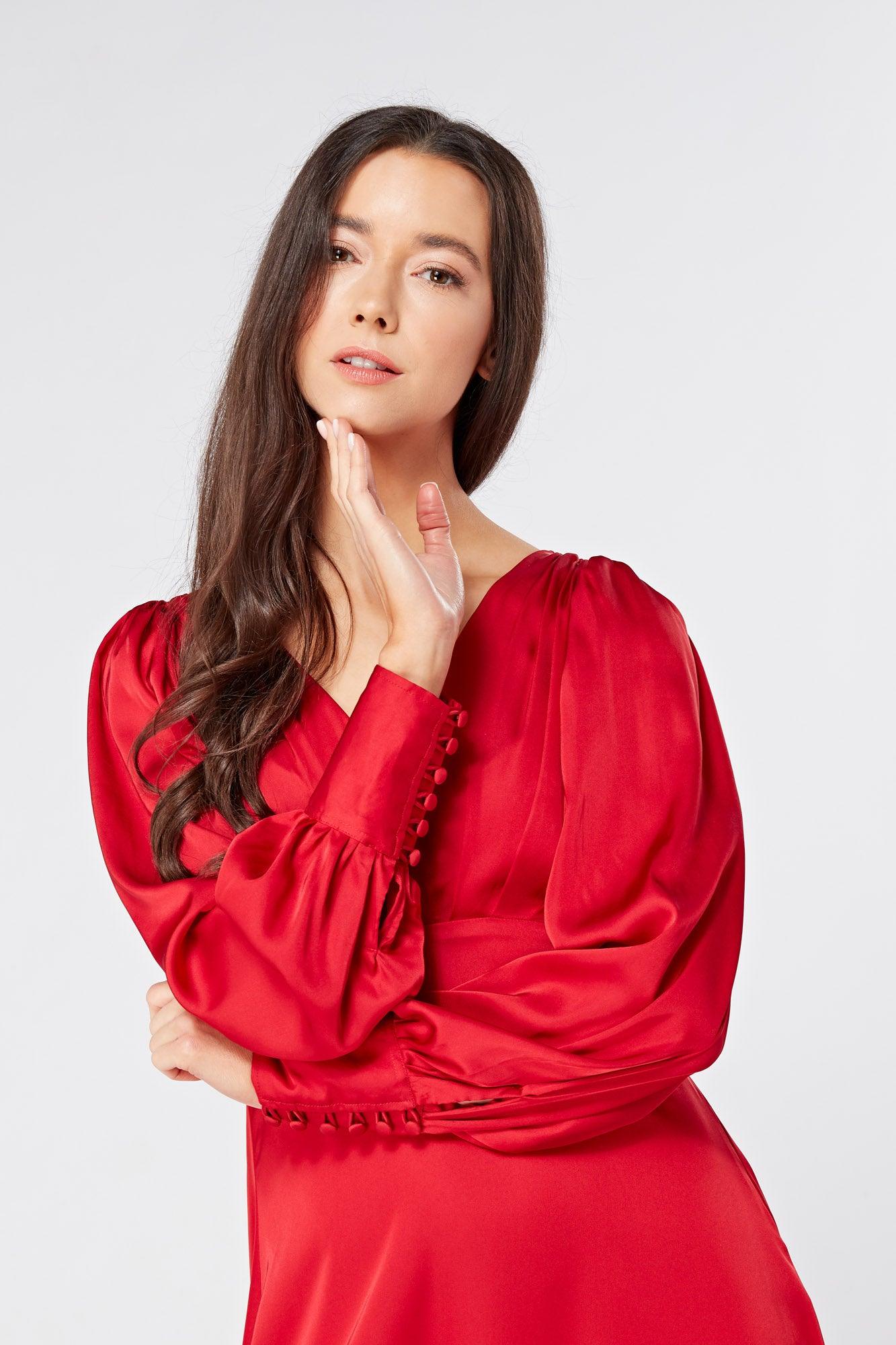 Valentia Scarlet Red Luxury Matt Satin Midi Dress With Long Sleeves - TAHLIRA