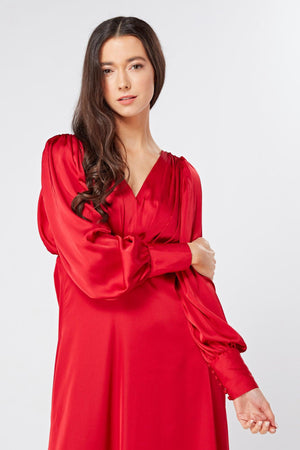 Valentia Scarlet Red Luxury Matt Satin Midi Dress With Long Sleeves - TAHLIRA