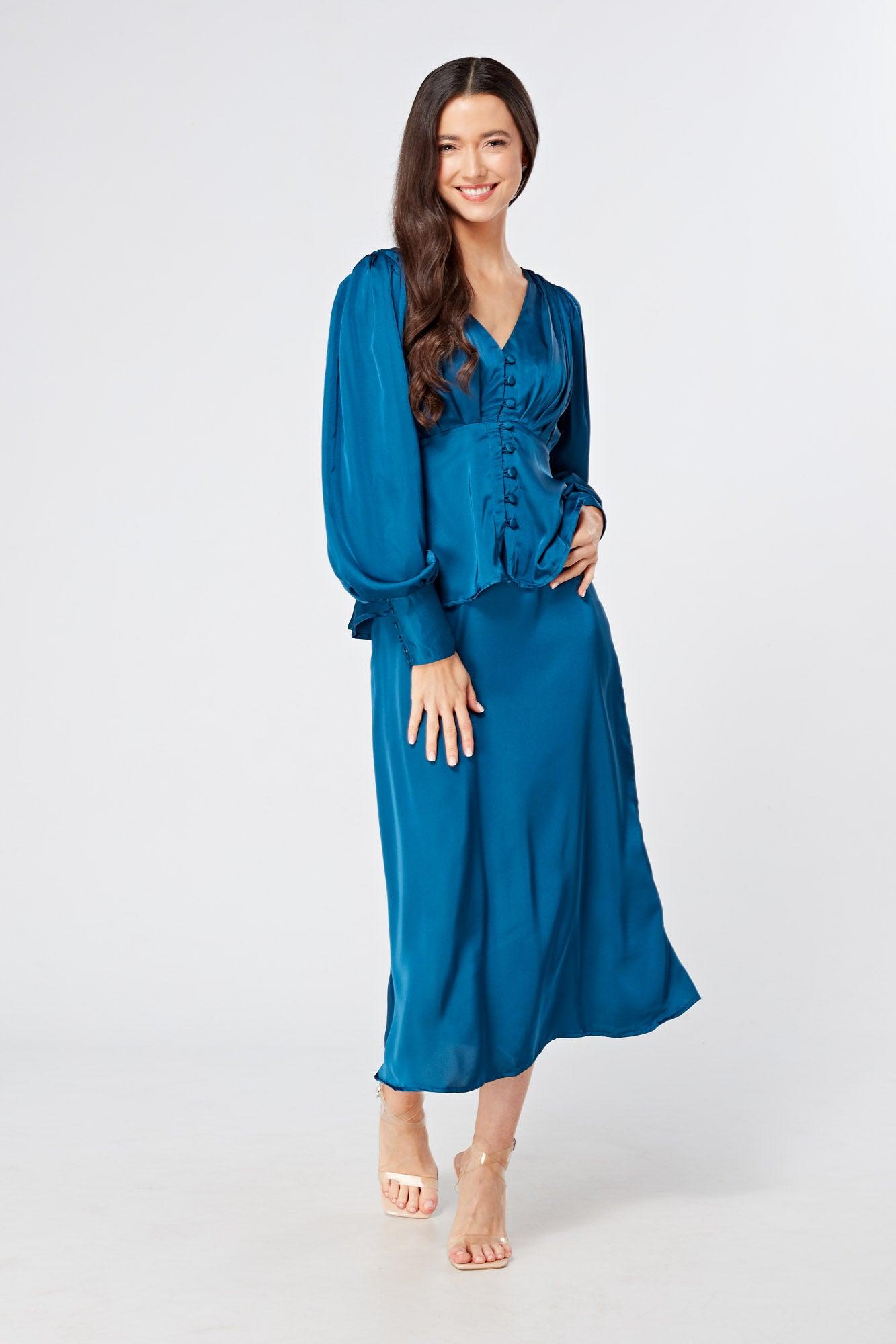 Elisa Blue Satin Buttoned Blouse With Long Sleeves - TAHLIRA