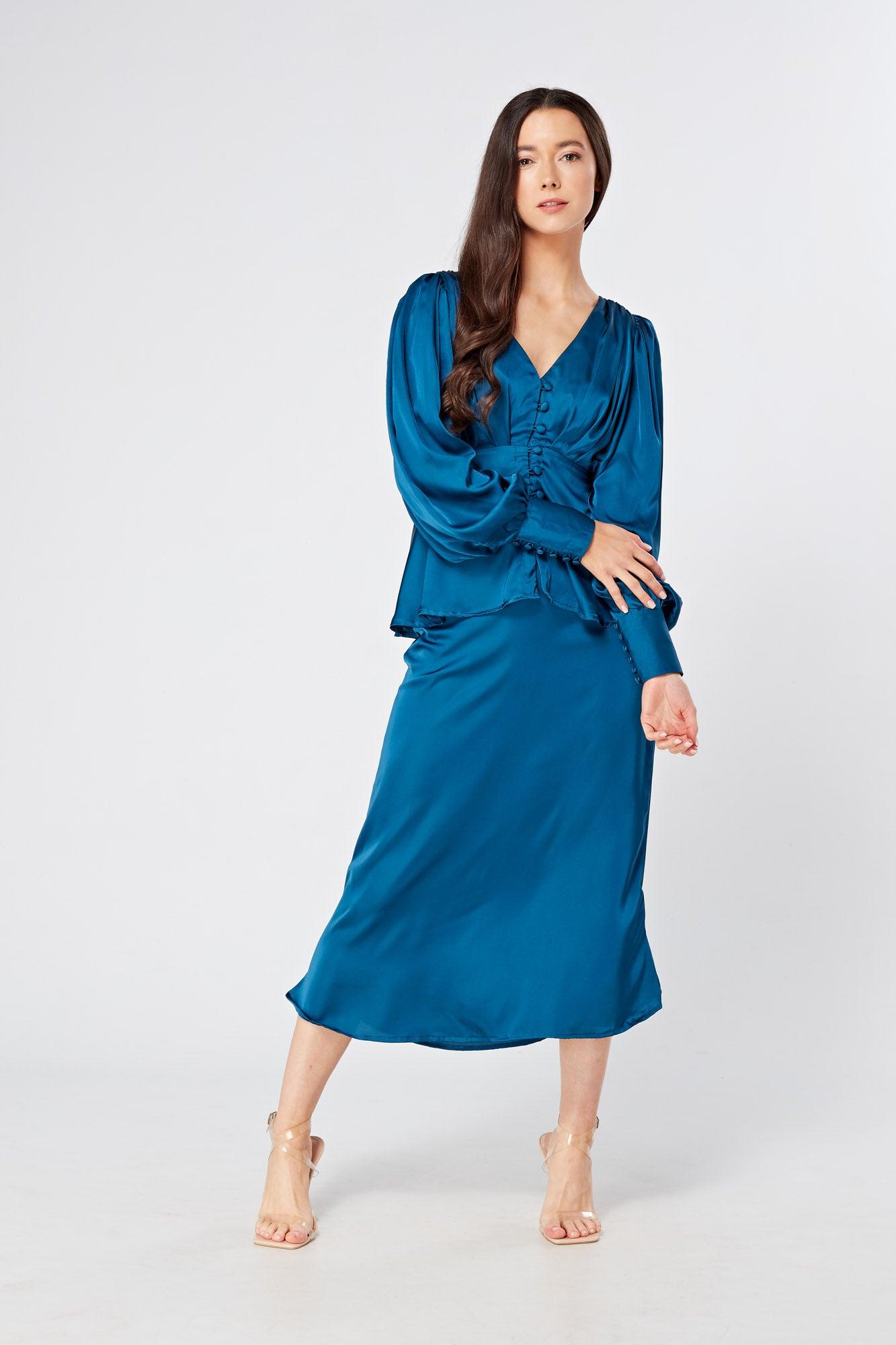 Elisa Blue Satin Buttoned Blouse With Long Sleeves - TAHLIRA