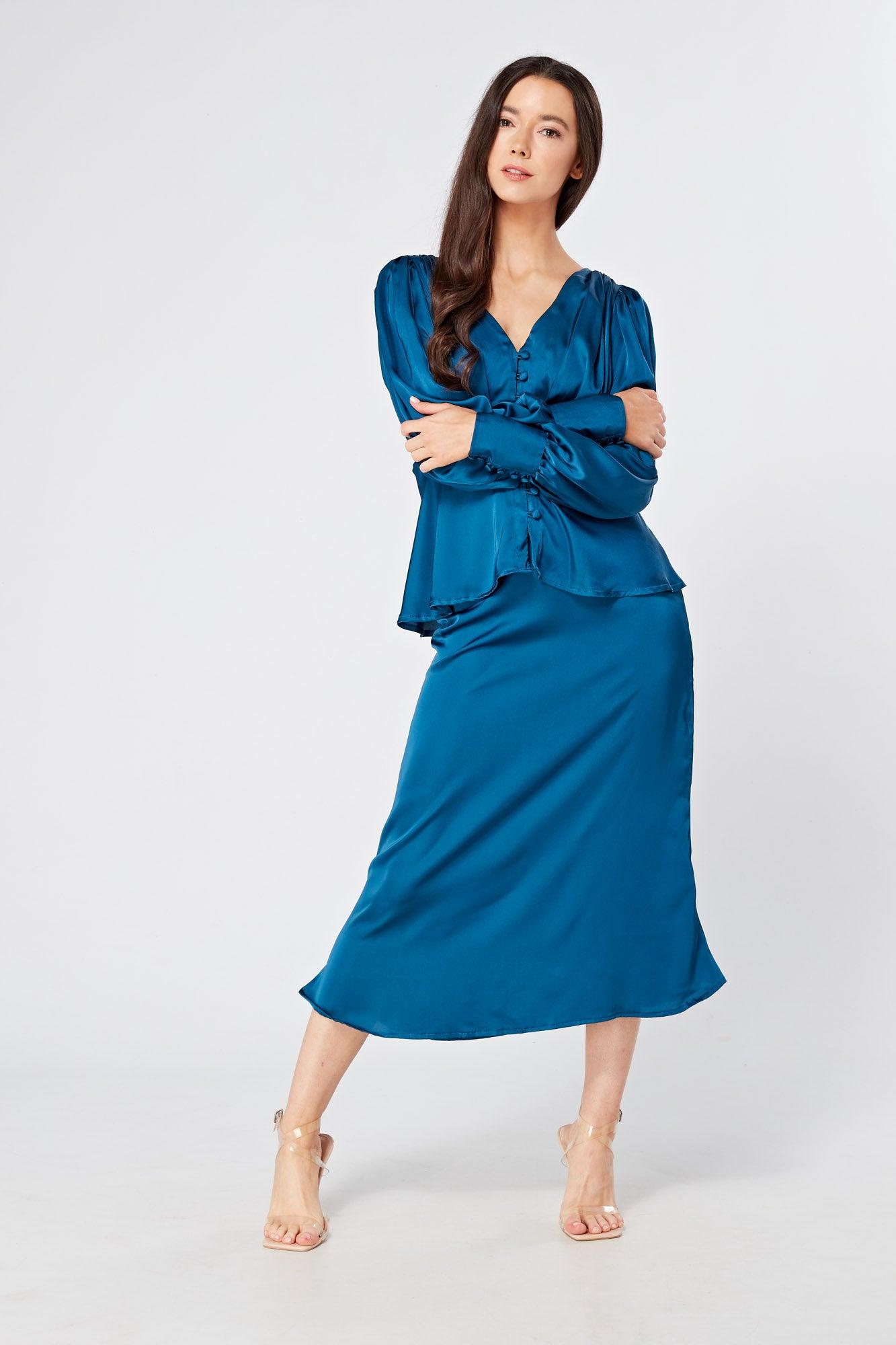 Elisa Blue Satin Buttoned Blouse With Long Sleeves - TAHLIRA