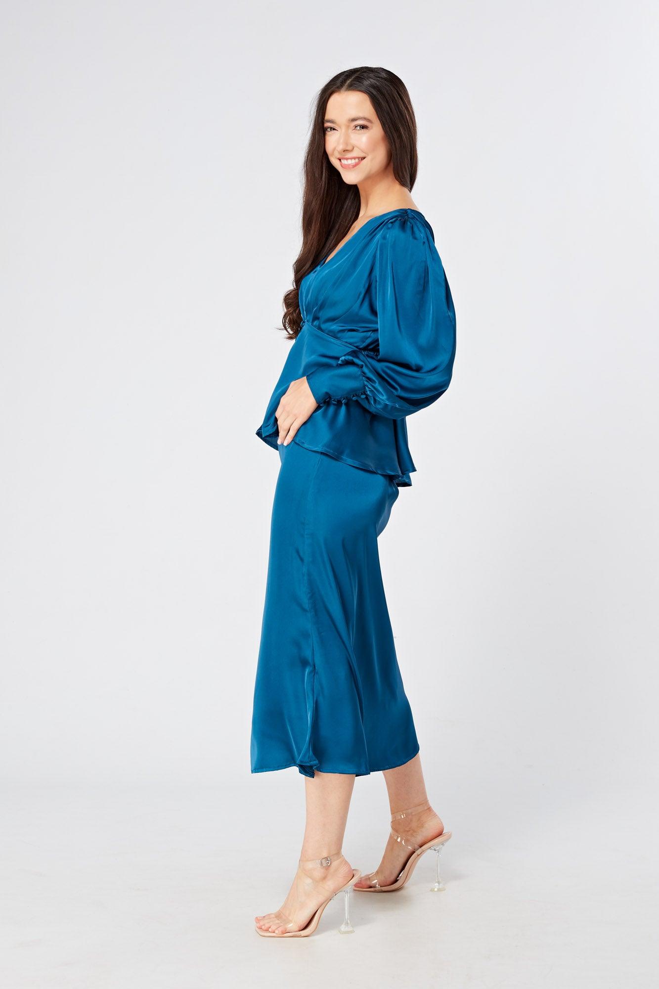 Elisa Blue Satin Buttoned Blouse With Long Sleeves - TAHLIRA