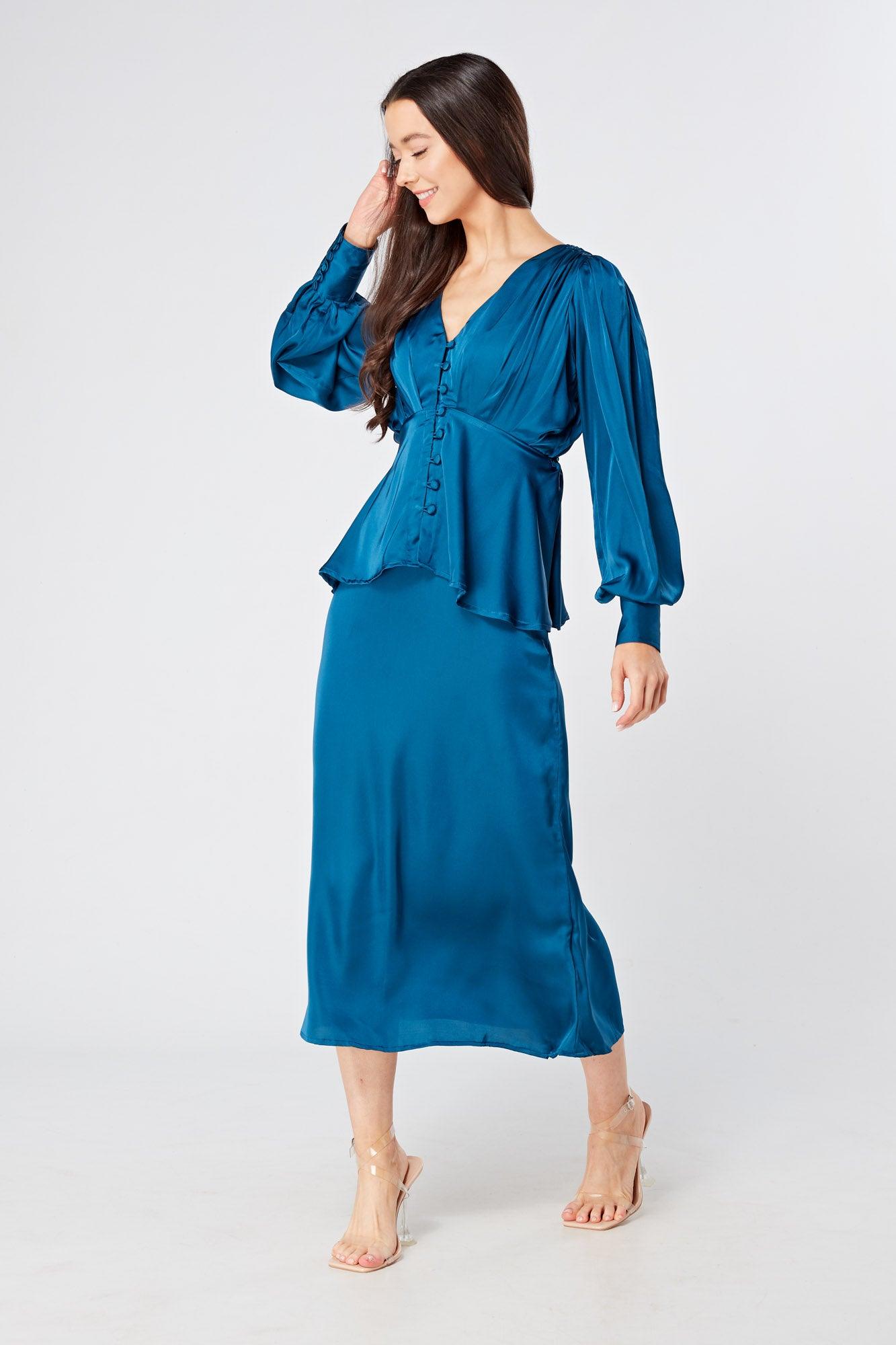 Elisa Blue Satin Buttoned Blouse With Long Sleeves - TAHLIRA