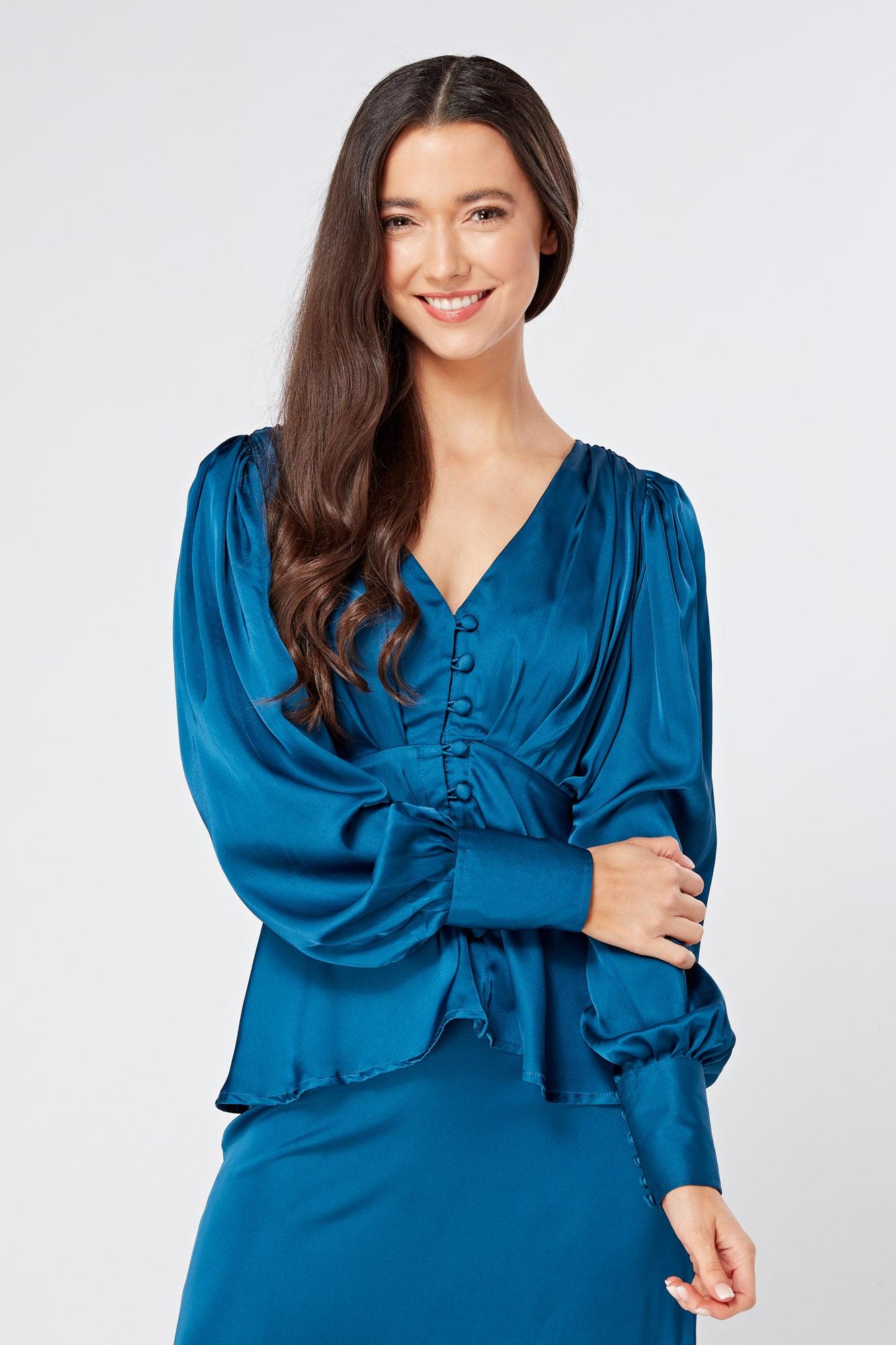 Elisa Blue Satin Buttoned Blouse With Long Sleeves - TAHLIRA