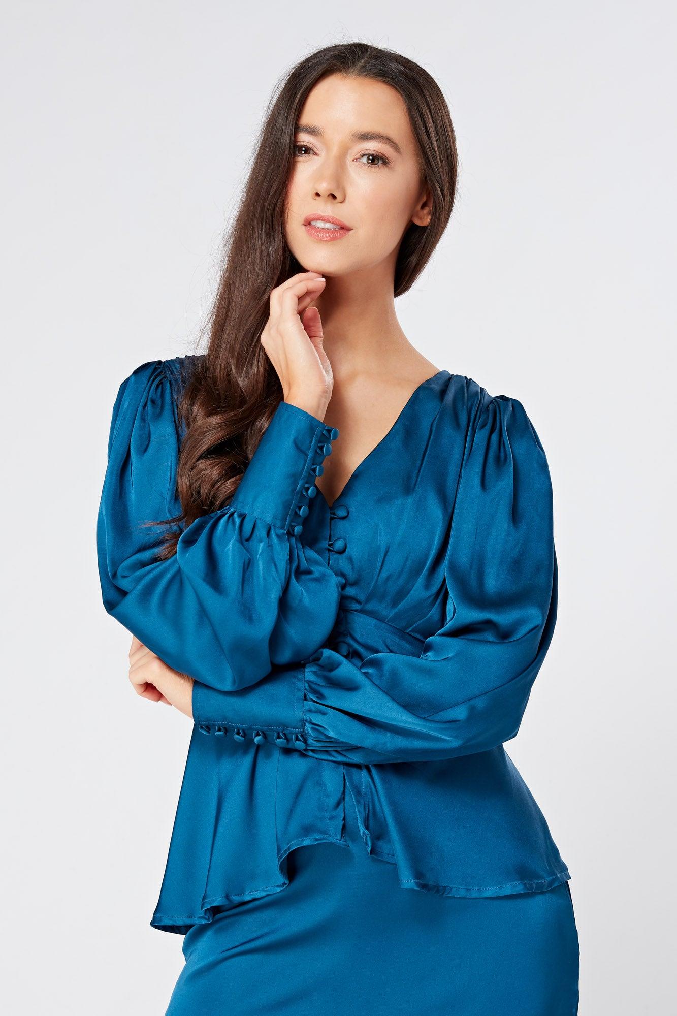 Elisa Blue Satin Buttoned Blouse With Long Sleeves - TAHLIRA